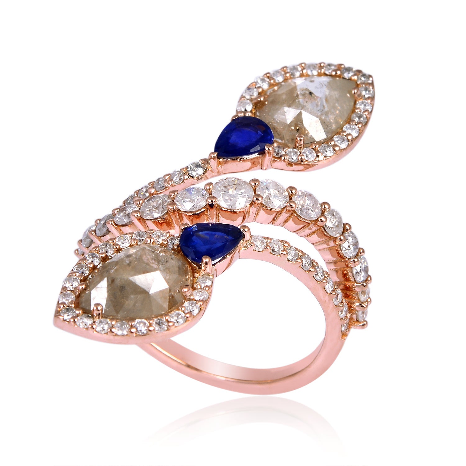 Ice Diamond Blue Sapphire 18k Solid Rose Gold Spiral Ring