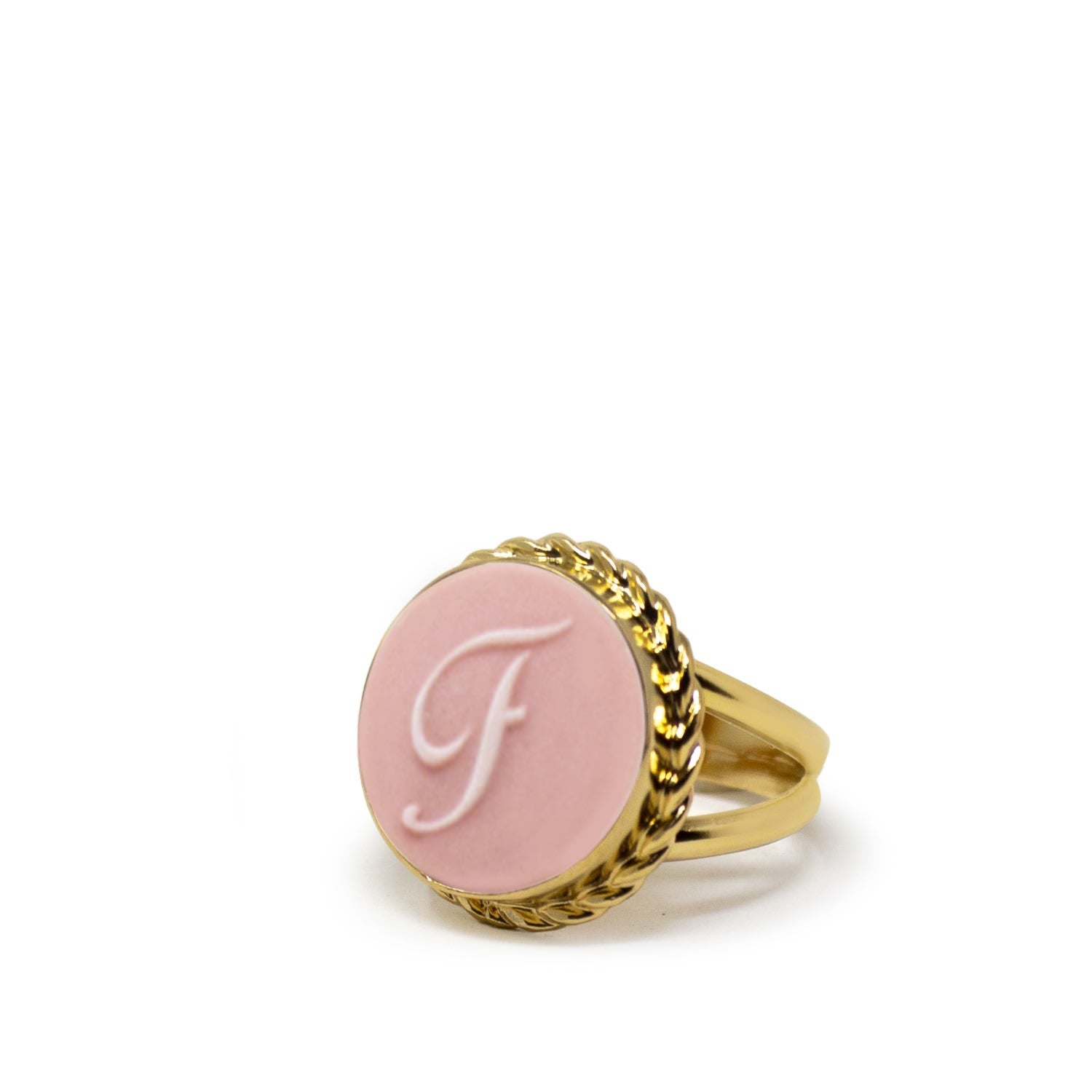 Gold Vermeil Pink Cameo Ring Initial F