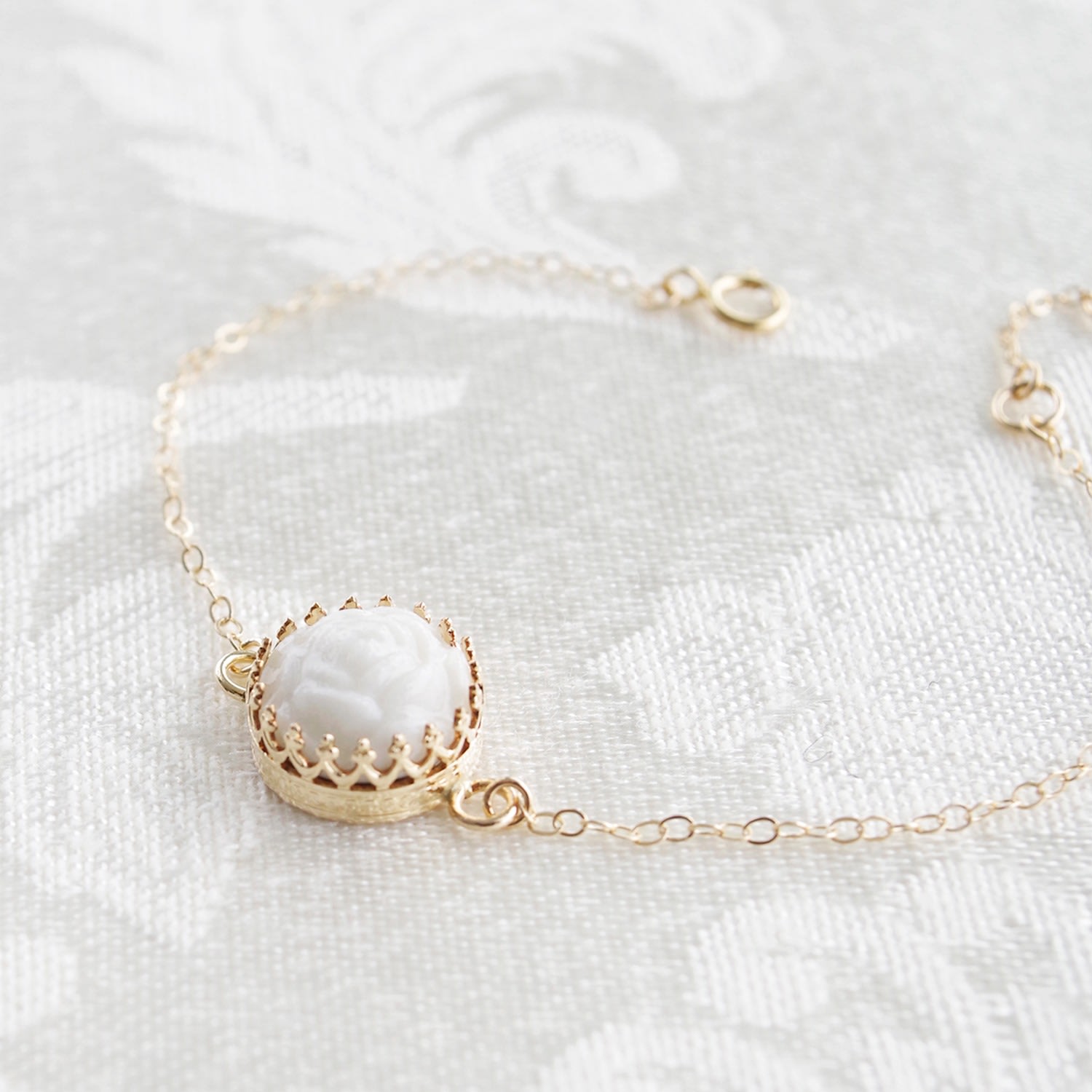 Mini Porcelain Rose Charm Gold Bracelet