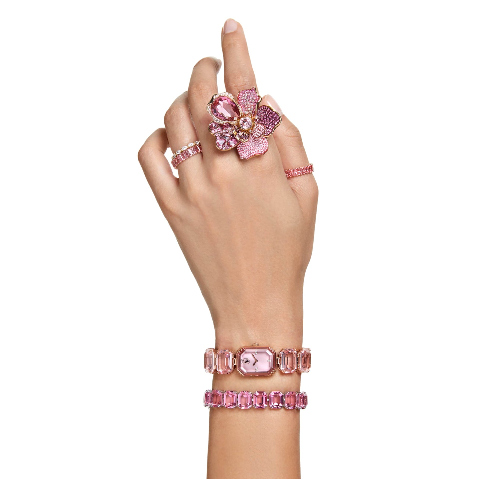 IDYLLIA COCKTAIL RING PAVE FLOWER PINK GOLD TONE PLATED