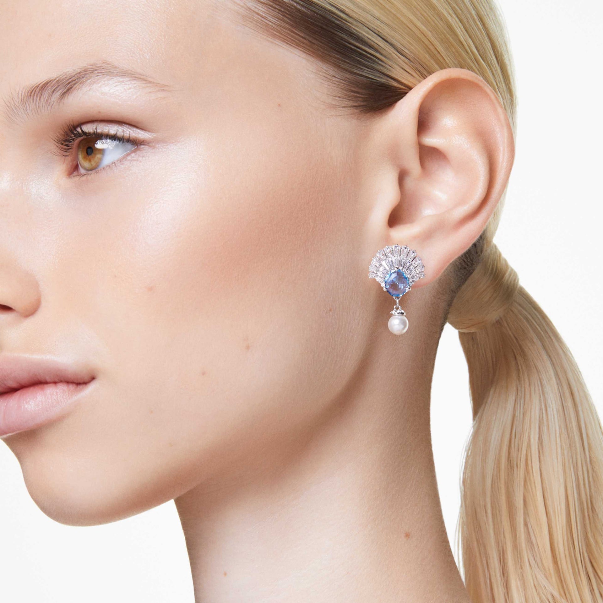 IDYLLIA DROP EARRINGS CRYSTAL PEARL SHELL BLUE RHODIUM PLATED