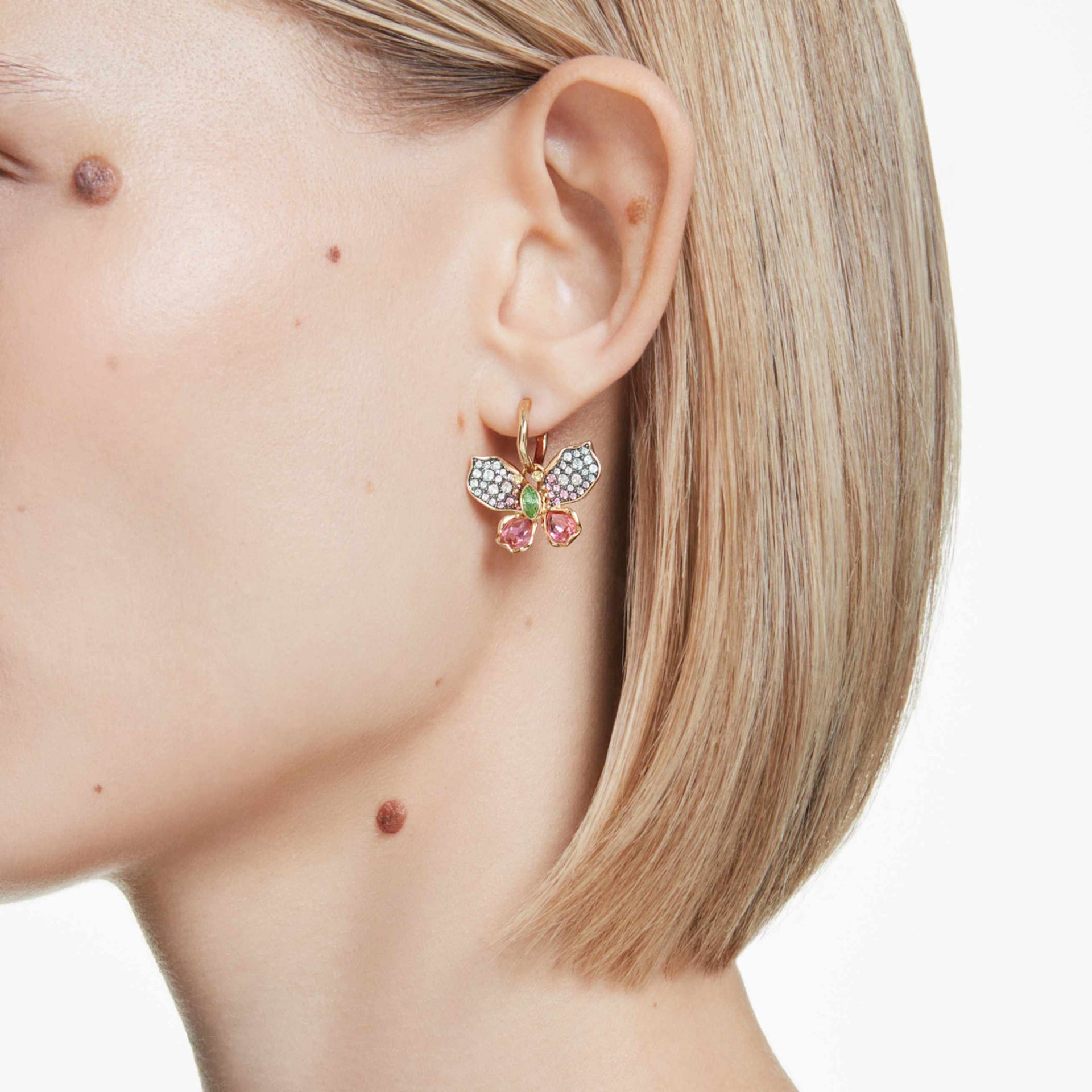 IDYLLIA DROP EARRINGS MIXED CUTS PAVE BUTTERFLY MULTICOLORED GOLD TONE PLATED