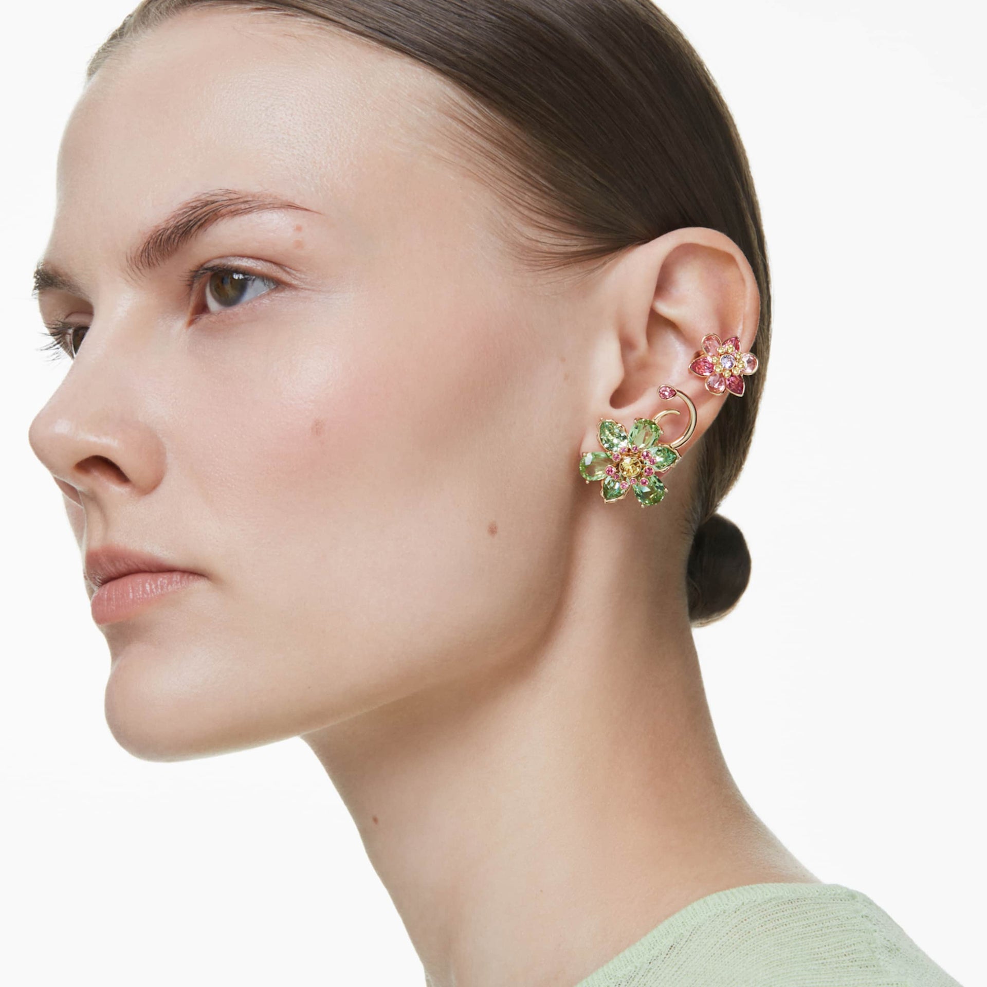 IDYLLIA EAR CUFF SET 3 ASYMMETRICAL DESIGN MIXED CUTS FLOWER MULTICOLORED GOLD TONE PLATED