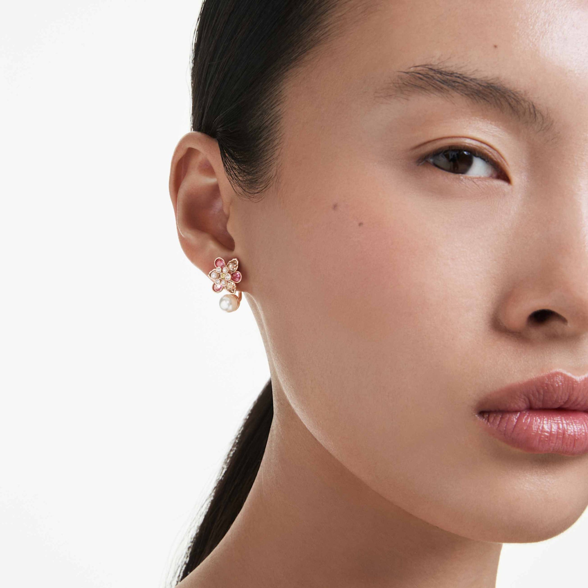 IDYLLIA EARRING JACKETS CRYSTAL PEARL MIXED CUTS FLOWER MULTICOLORED ROSE GOLD TONE PLATED
