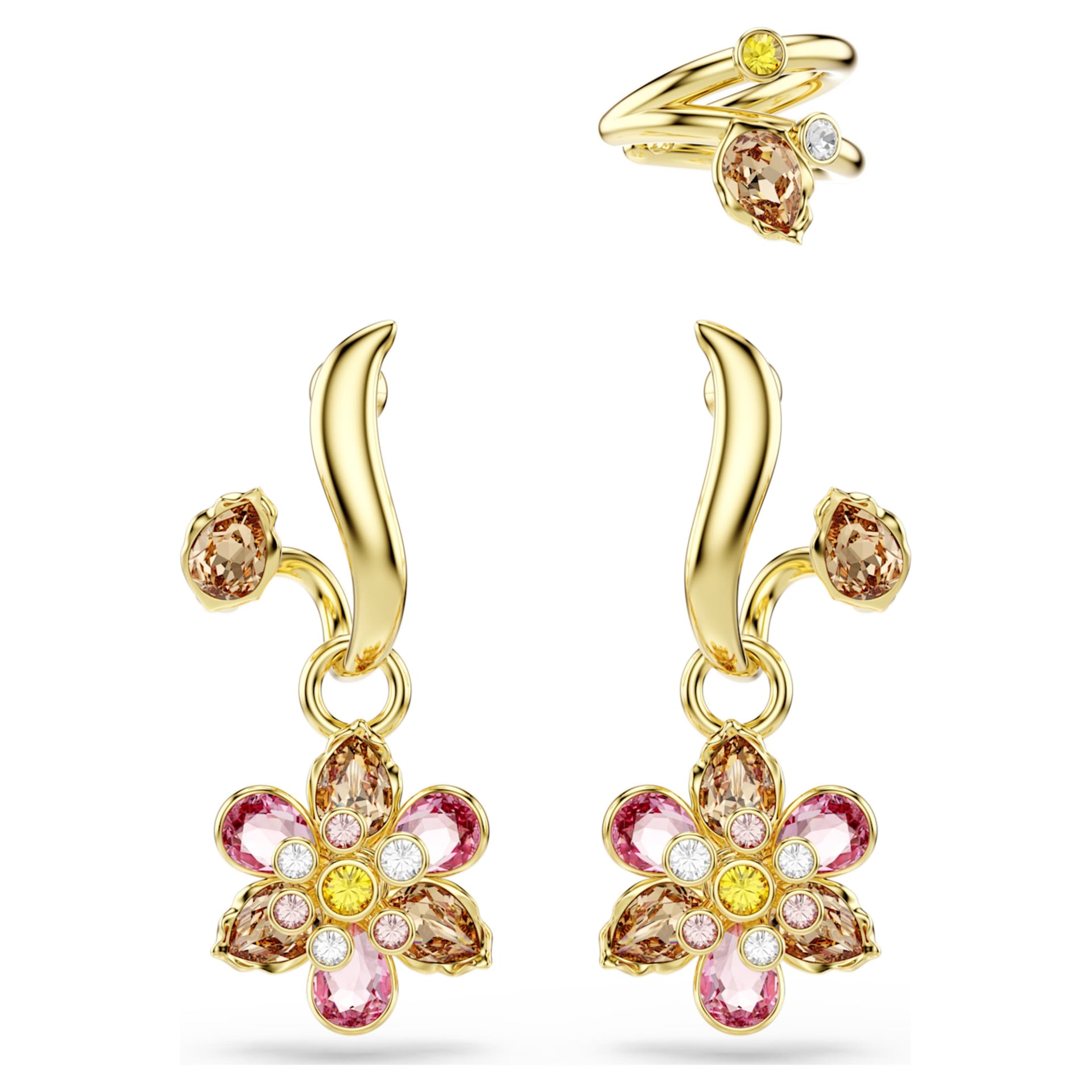 IDYLLIA EARRINGS SET 3 MIXED CUTS FLOWER MULTICOLORED GOLD TONE PLATED