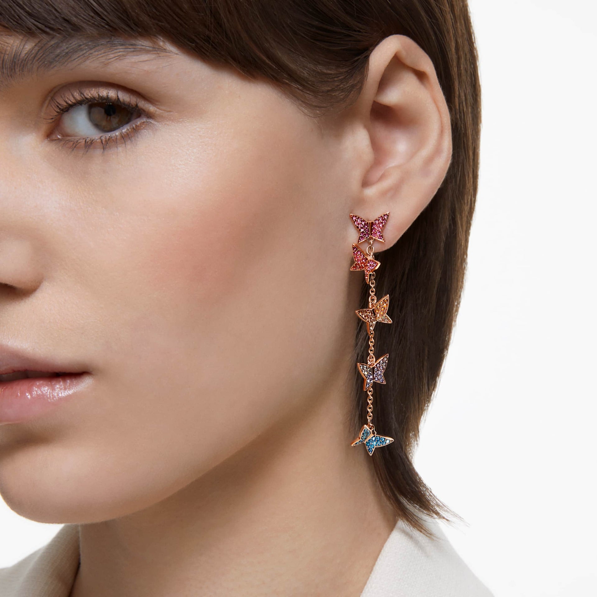 IDYLLIA LILIA DROP EARRINGS BUTTERFLY LONG MULTICOLORED ROSE GOLD TONE PLATED