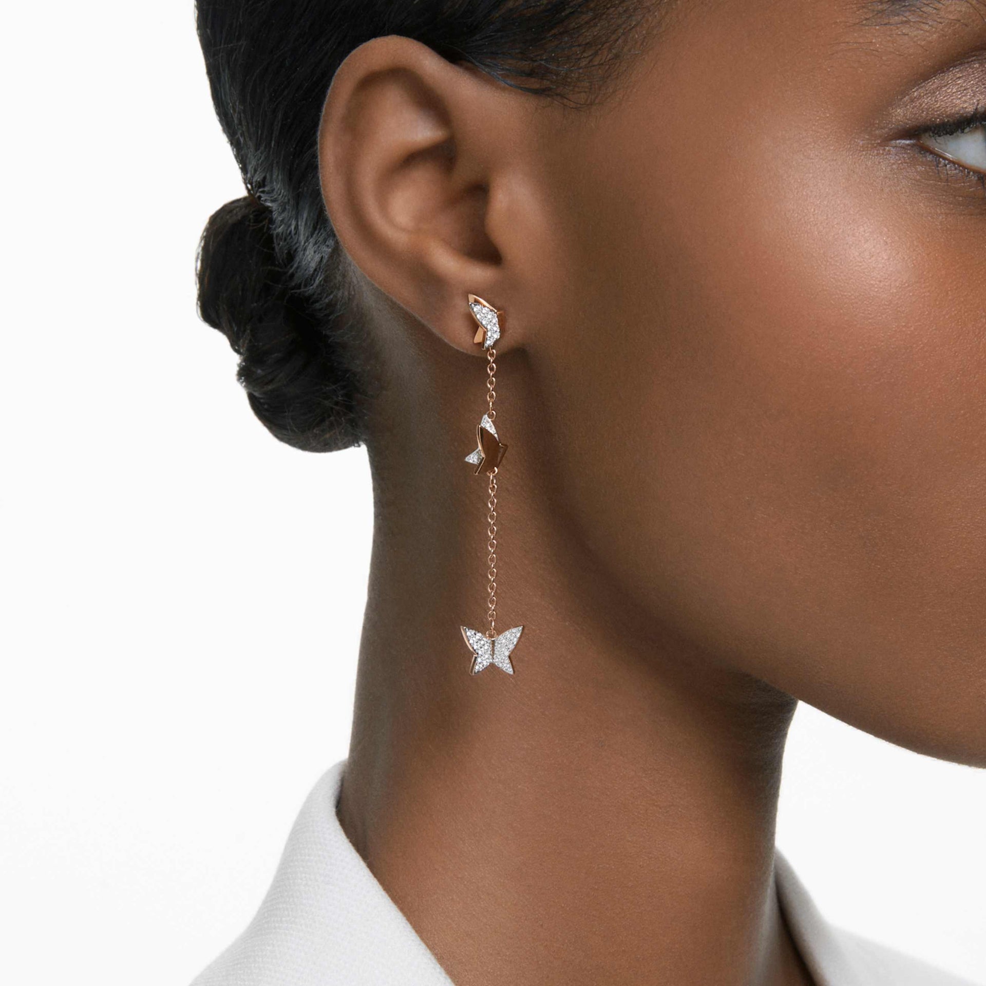 IDYLLIA LILIA DROP EARRINGS BUTTERFLY LONG WHITE ROSE GOLD TONE PLATED