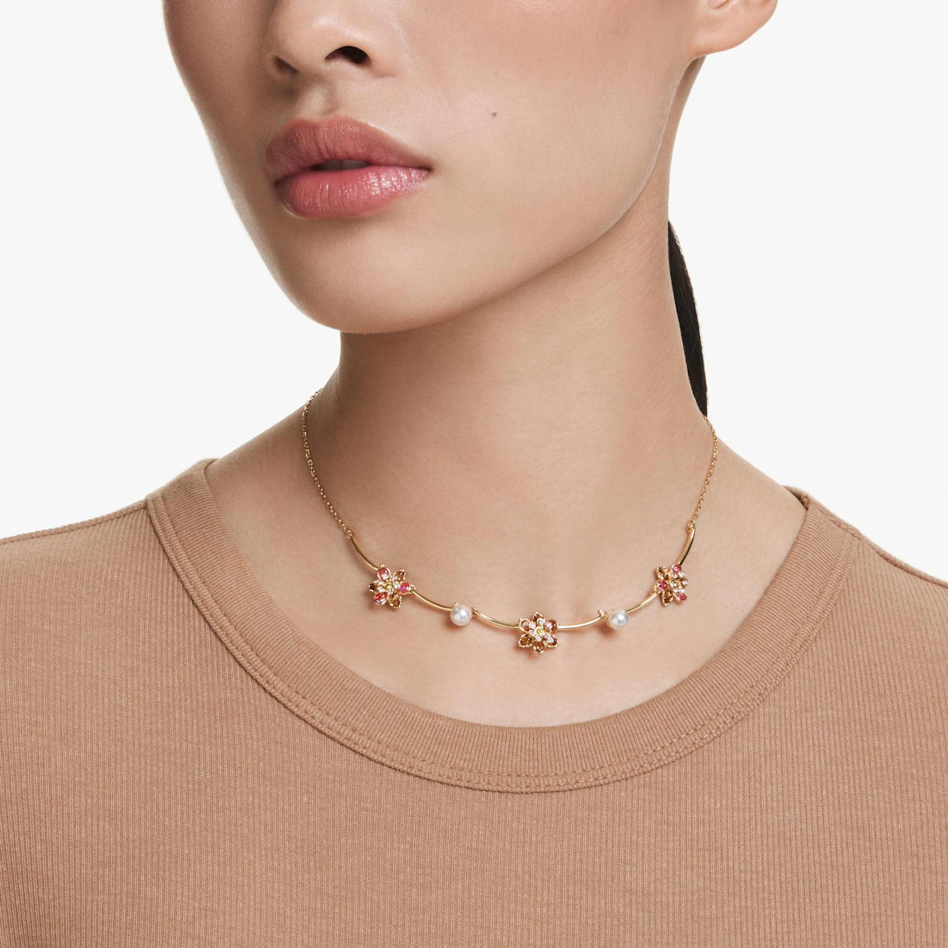 IDYLLIA NECKLACE CRYSTAL PEARL MIXED CUTS FLOWER MULTICOLORED GOLD TONE PLATED