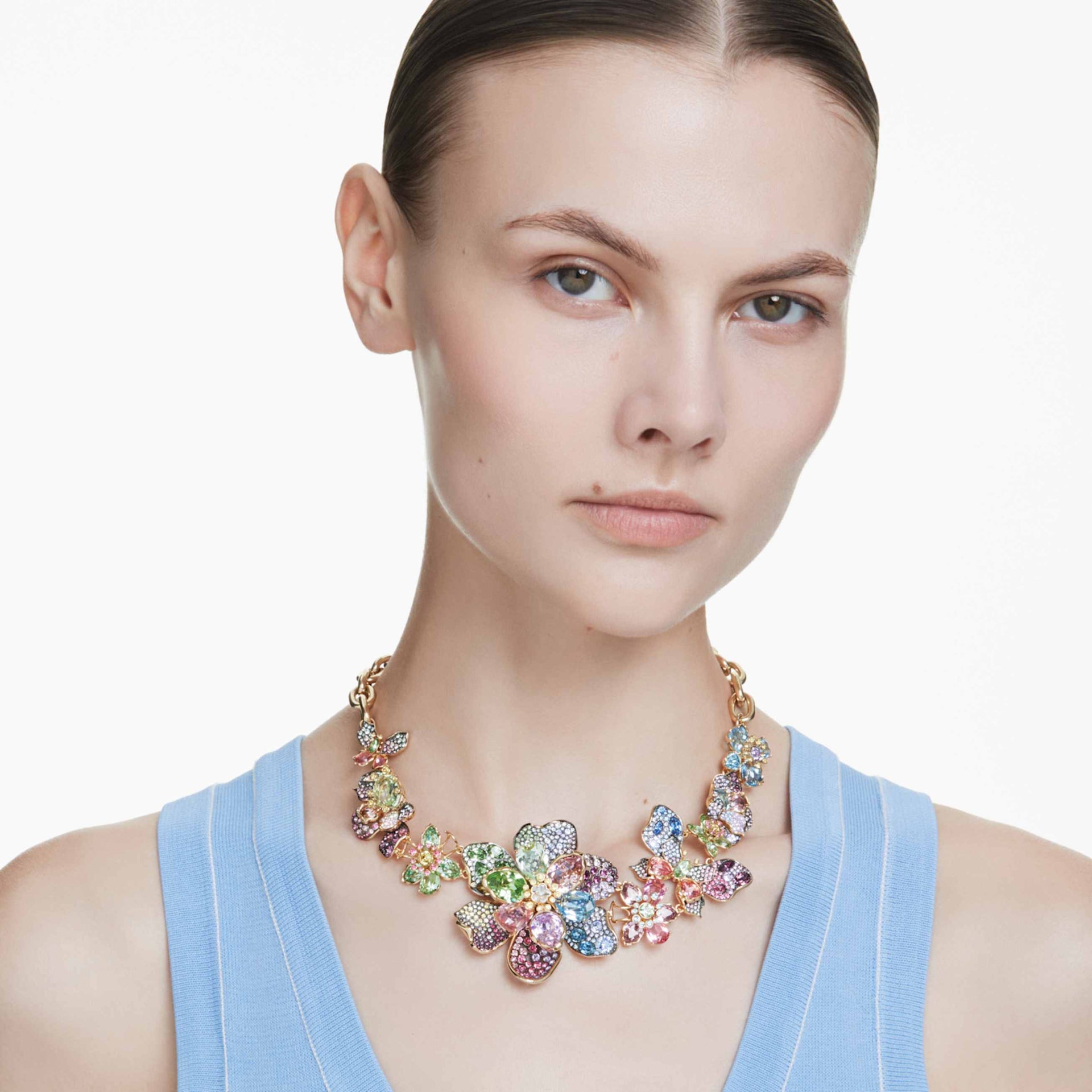 IDYLLIA NECKLACE MIXED CUTS PAVE FLOWER MULTICOLORED GOLD TONE PLATED