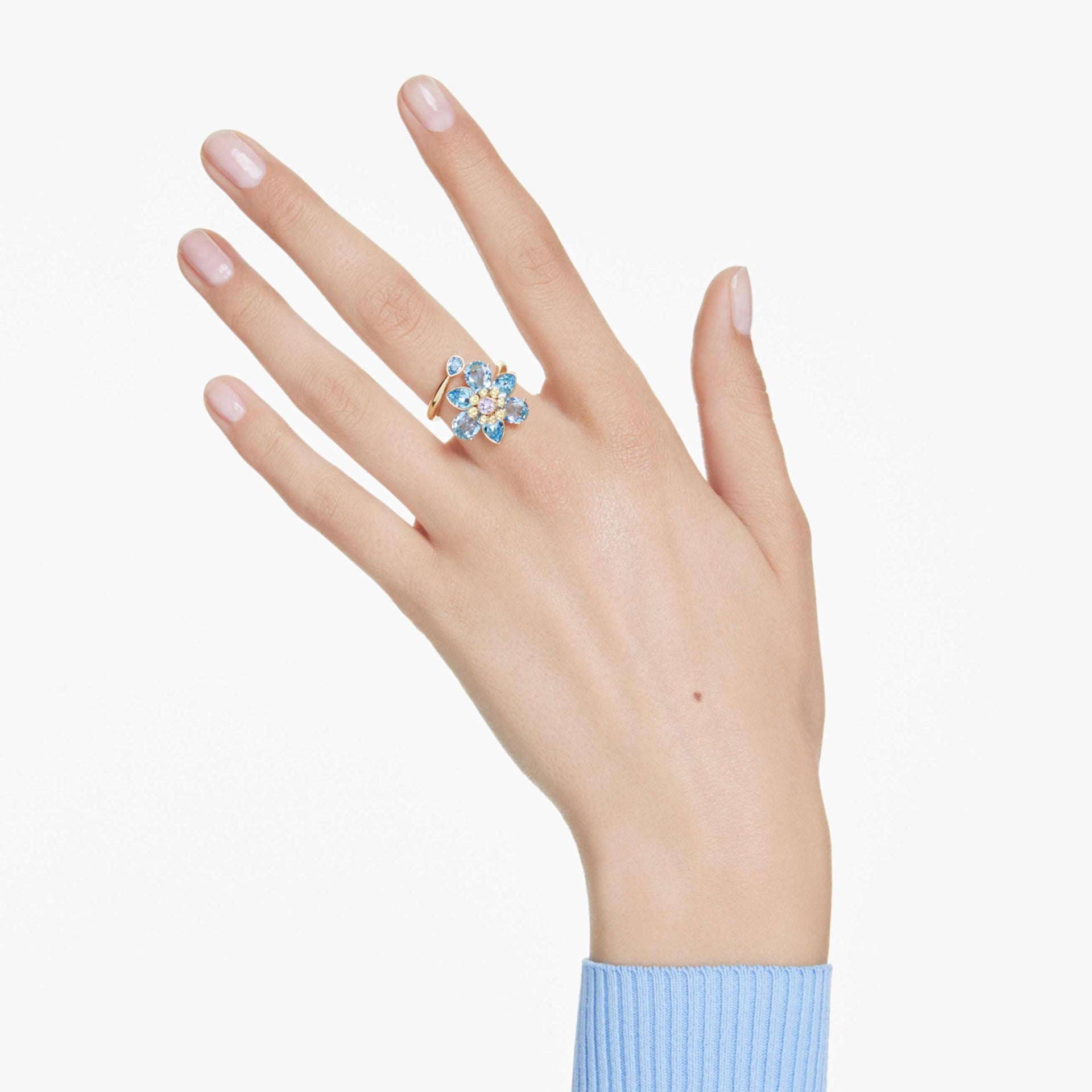 IDYLLIA OPEN RING MIXED CUTS FLOWER BLUE GOLD TONE PLATED