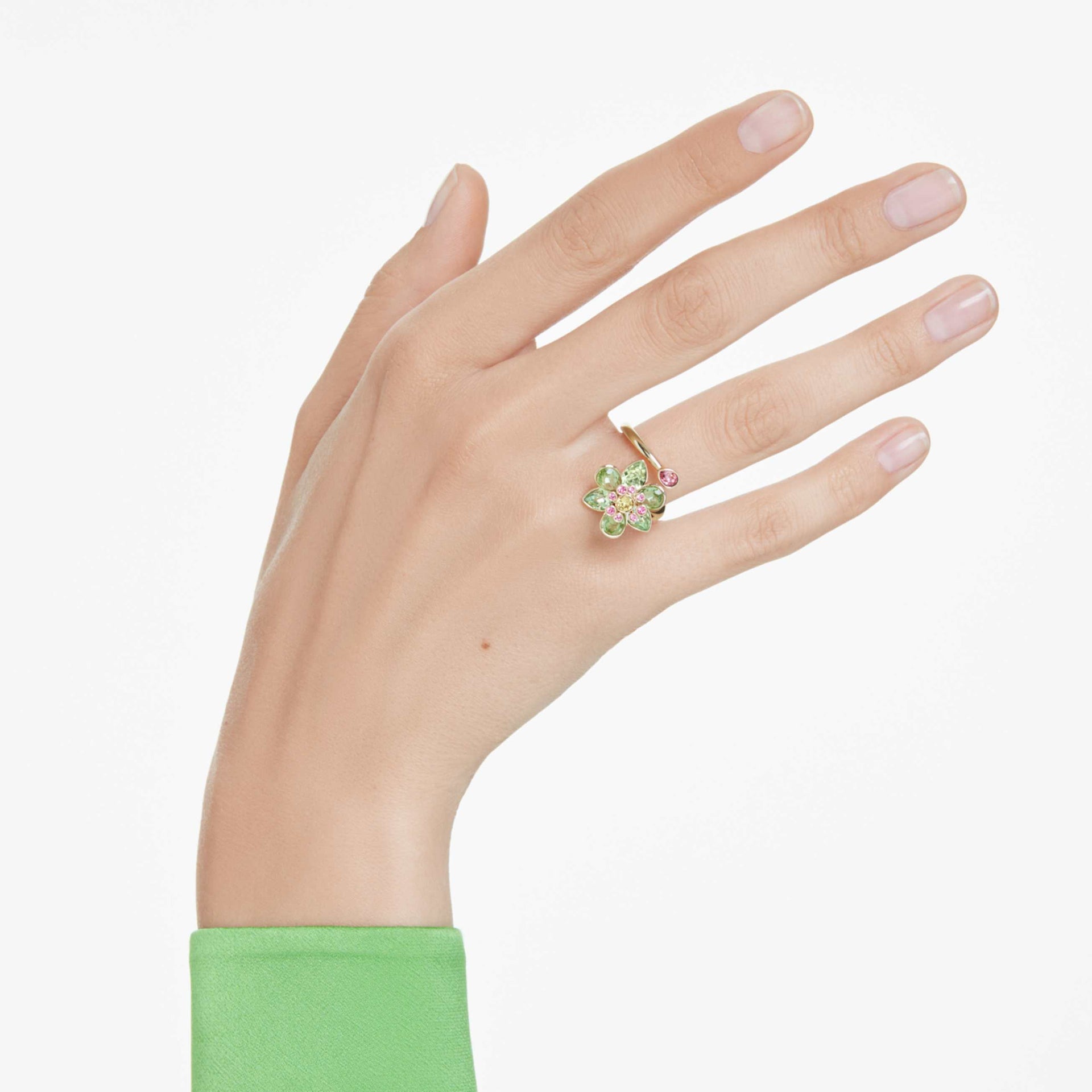 IDYLLIA OPEN RING MIXED CUTS FLOWER GREEN GOLD TONE PLATED