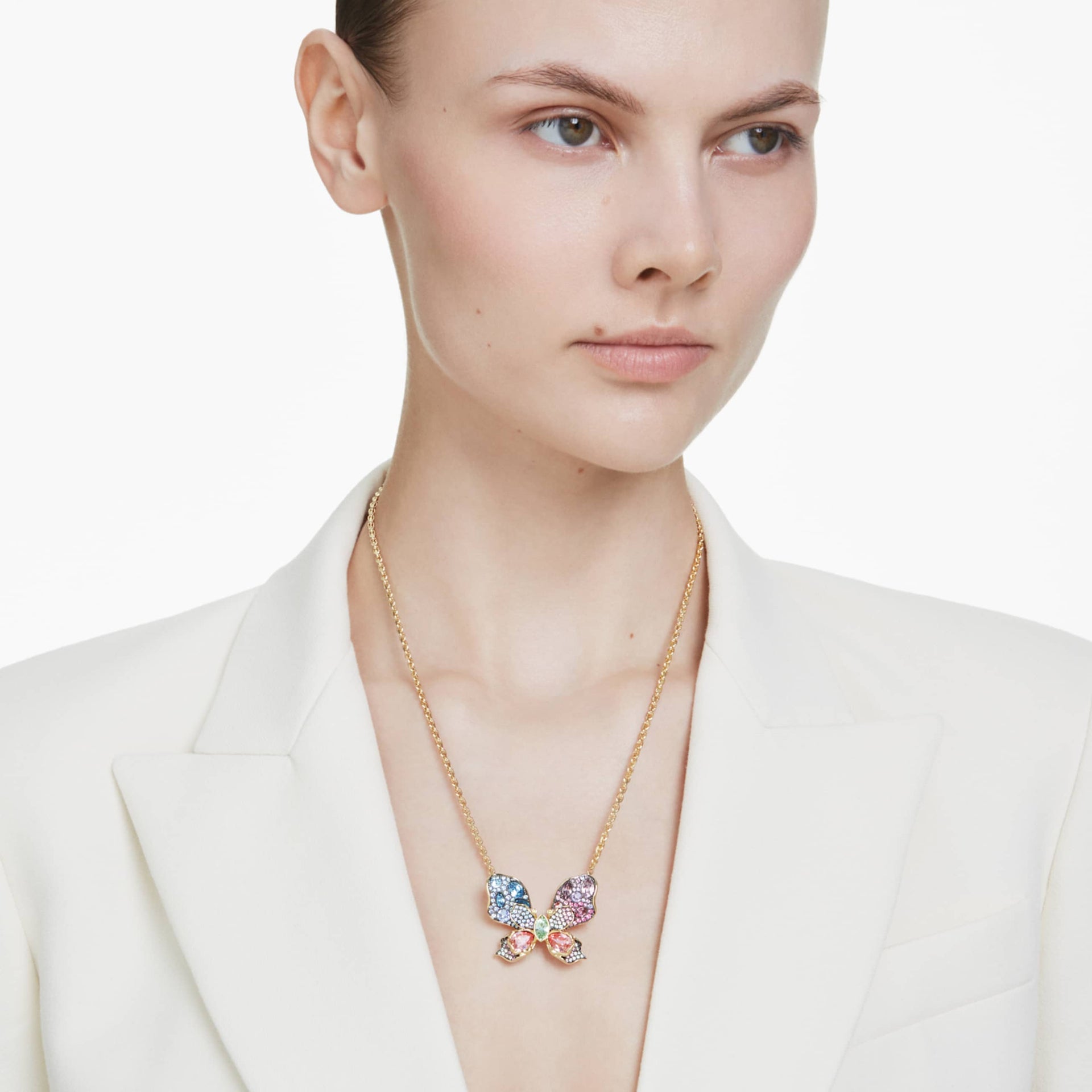 IDYLLIA PENDANT AND BROOCH MIXED CUTS PAVE BUTTERFLY MULTICOLORED GOLD TONE PLATED