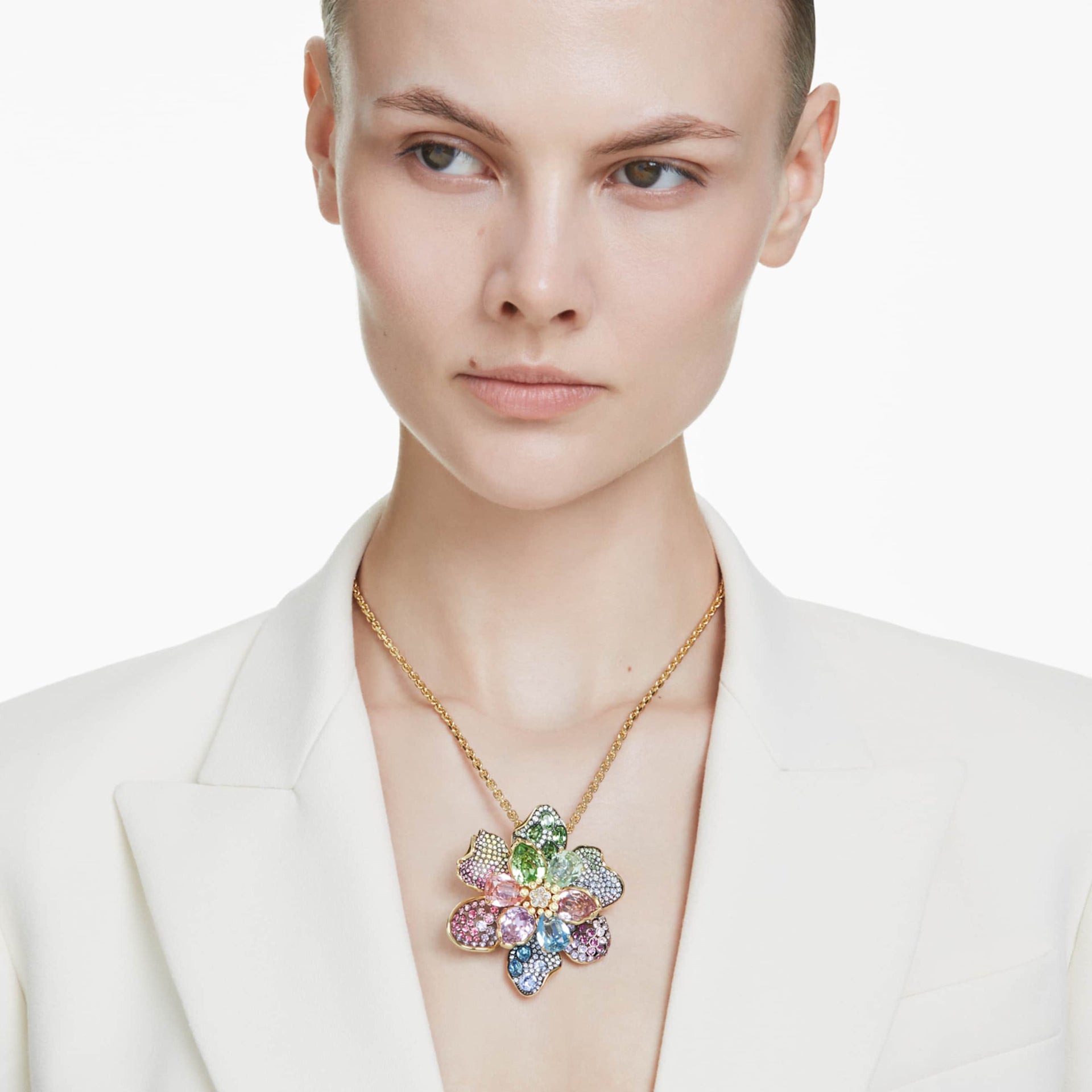 IDYLLIA PENDANT AND BROOCH MIXED CUTS PAVE FLOWER MULTICOLORED GOLD TONE PLATED