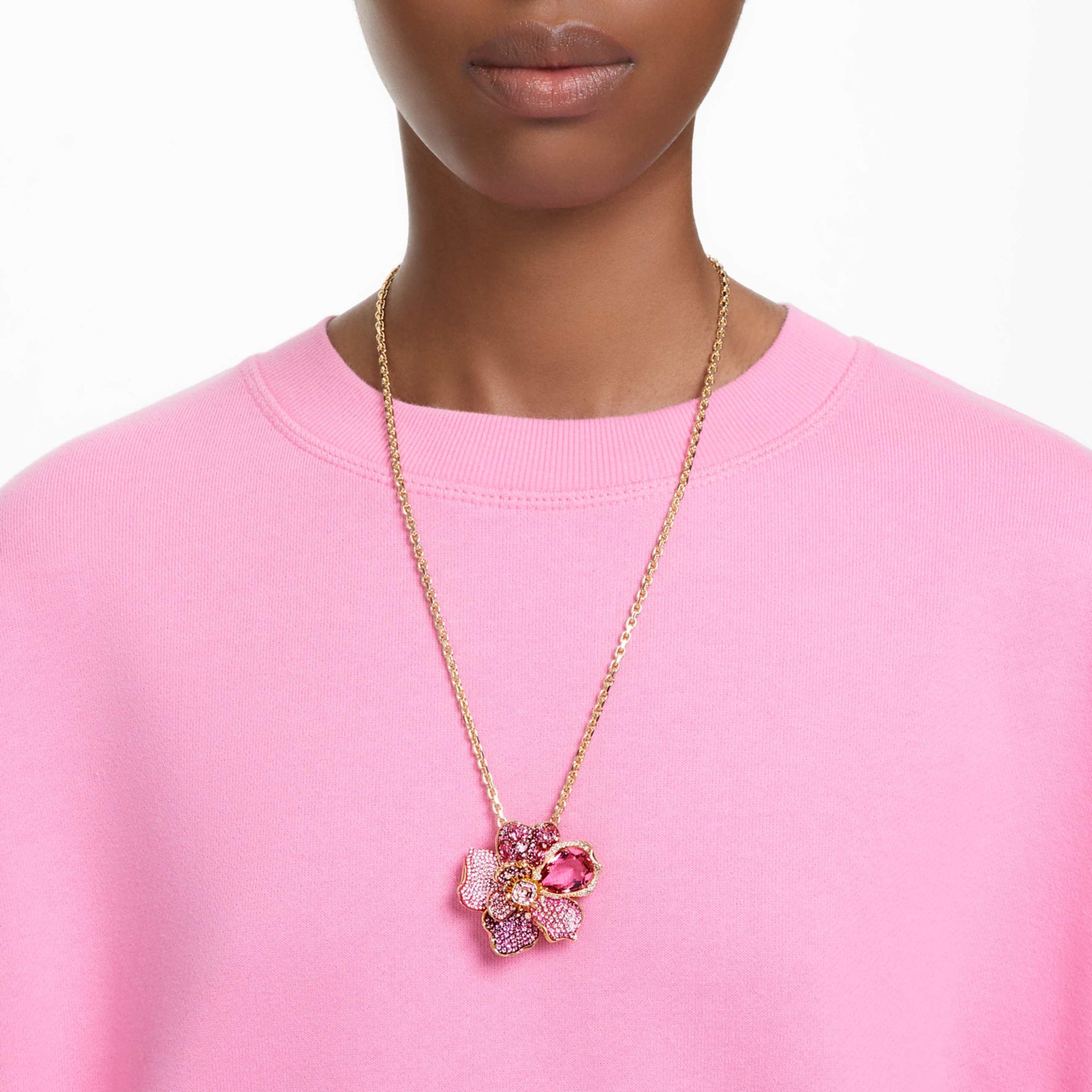 IDYLLIA PENDANT AND BROOCH PAVE FLOWER PINK GOLD TONE PLATED