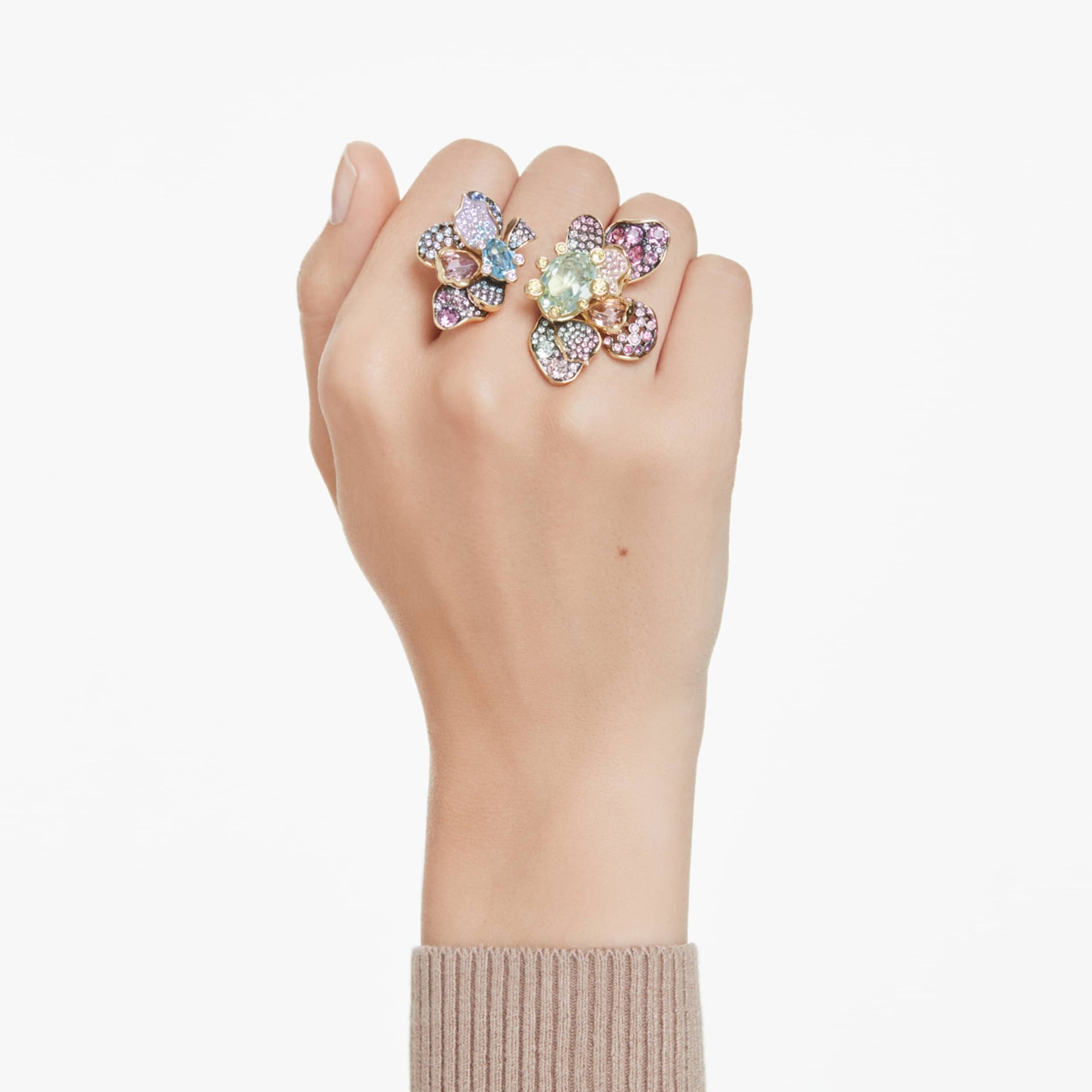 IDYLLIA RING MIXED CUTS PAVE FLOWER MULTICOLORED GOLD TONE PLATED