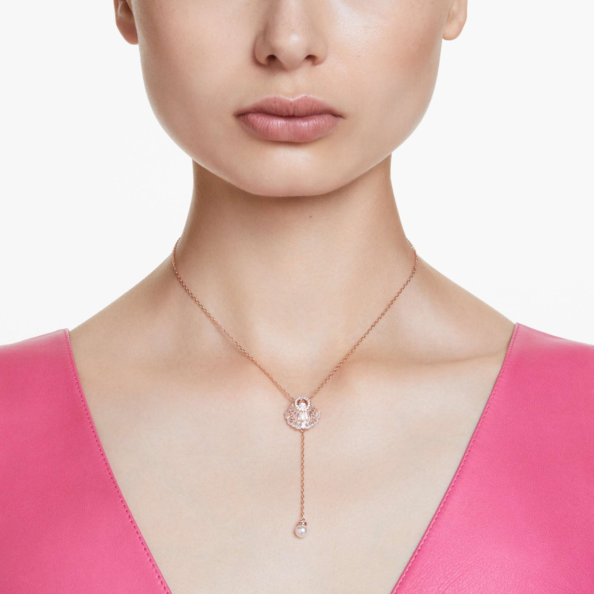 IDYLLIA Y PENDANT CRYSTAL PEARL SHELL WHITE ROSE GOLD TONE PLATED