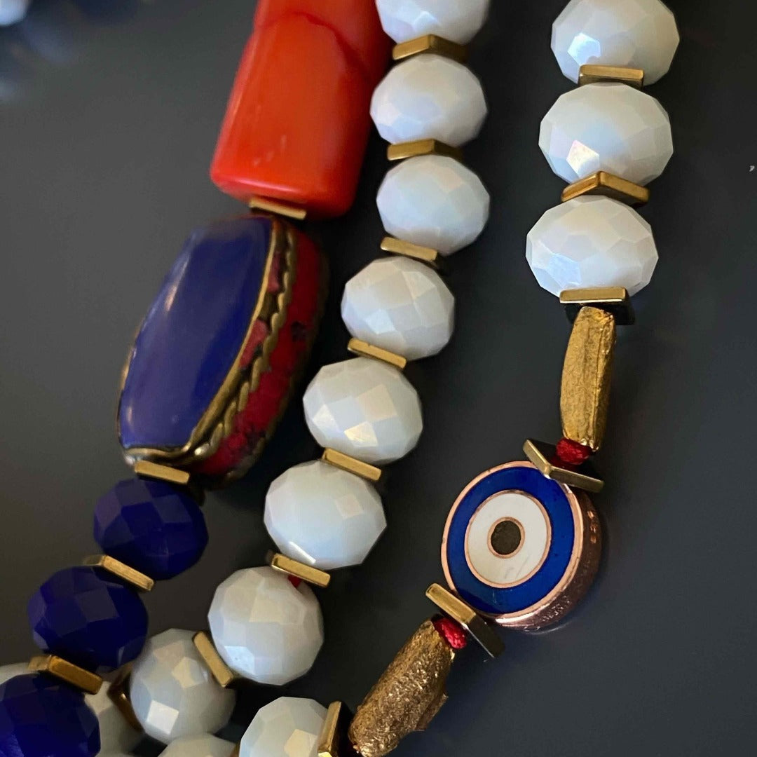 Spiritual Elephant Blue Evil Eye White Beaded Necklace - Blue