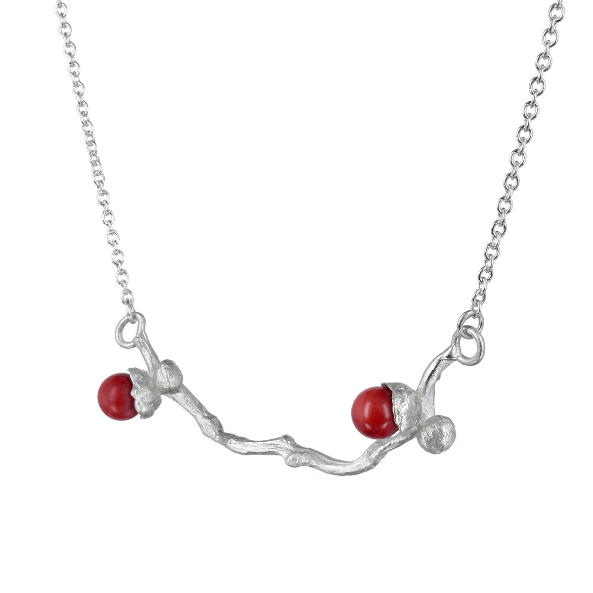 the silver coral bead necklace on a dates' branch ready to ship