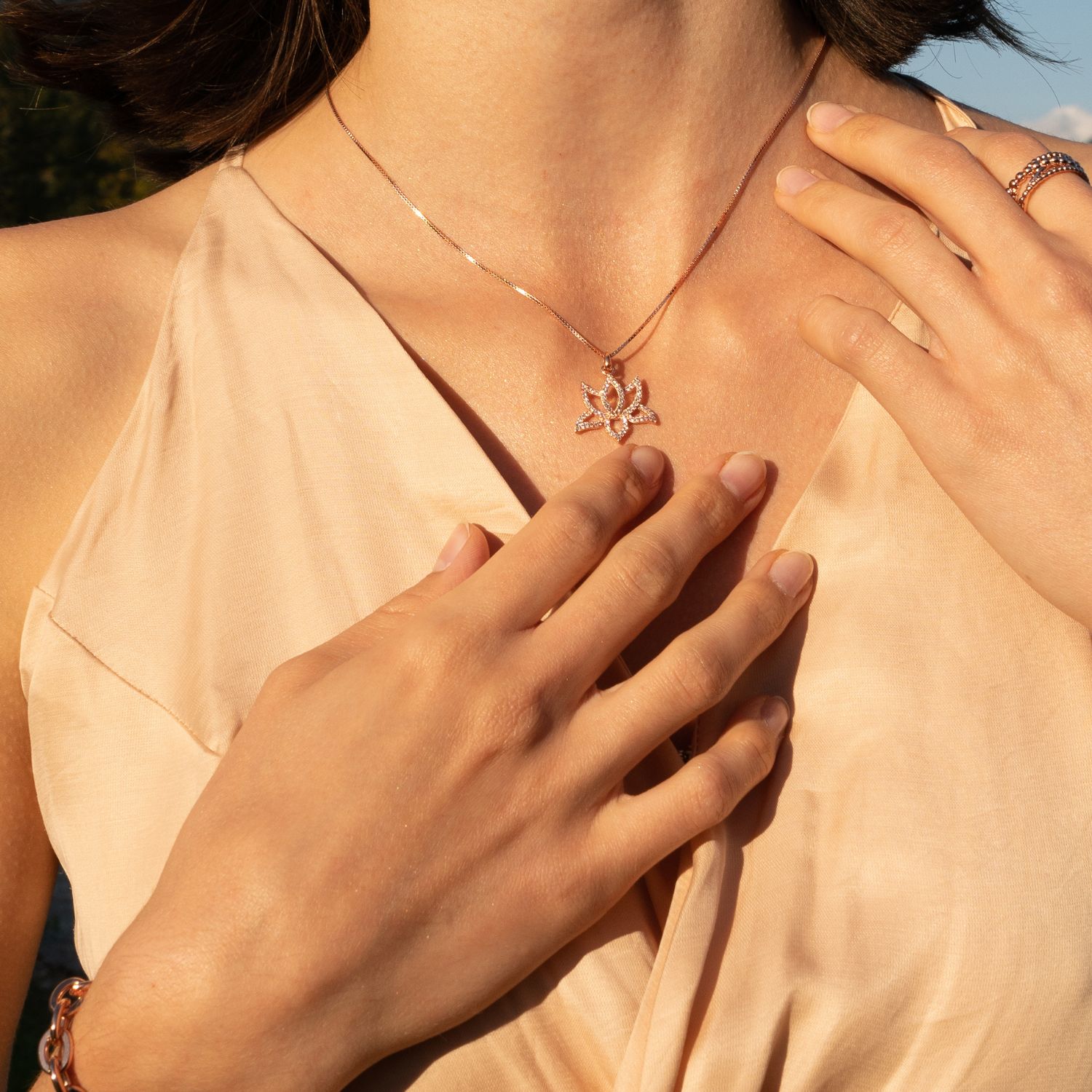 Illuminate Lotus Necklace, White Topaz Pave, Gold Over Sterling Silver