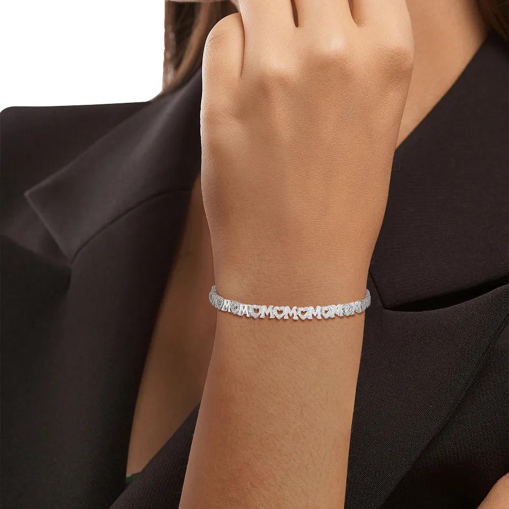 1/10 CT. Tw. Diamond Mom Heart Bracelet .925 Sterling Silver White Size 7"