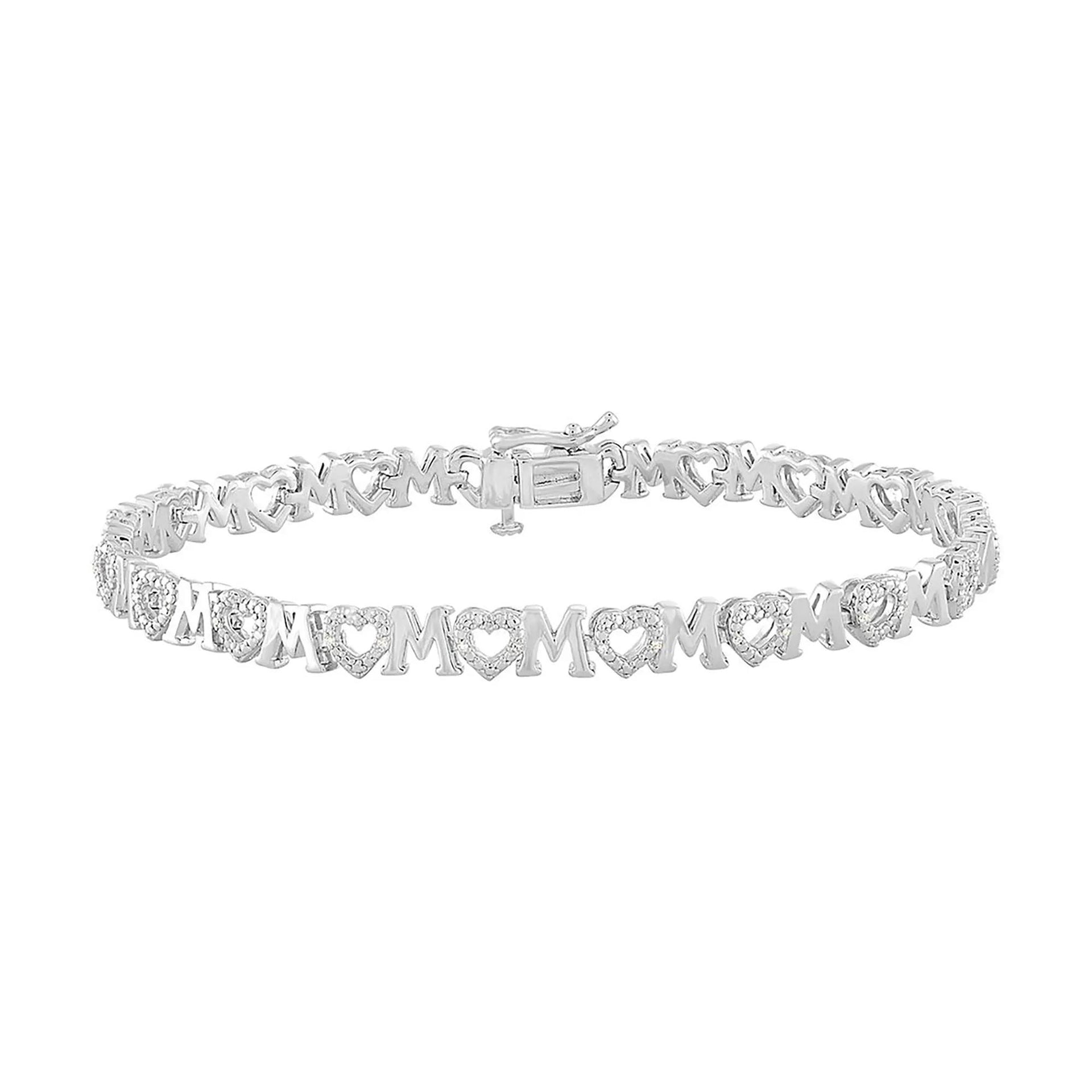 1/10 CT. Tw. Diamond Mom Heart Bracelet .925 Sterling Silver White Size 7"
