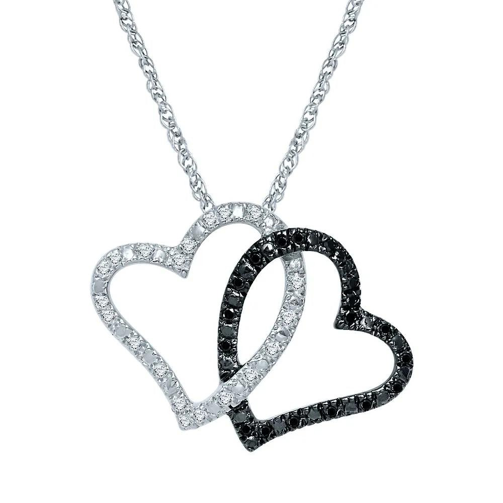 1/7 CT. Tw. Black & White Diamond Double Heart Pendant Necklace .925 Sterling Silver Size 18"