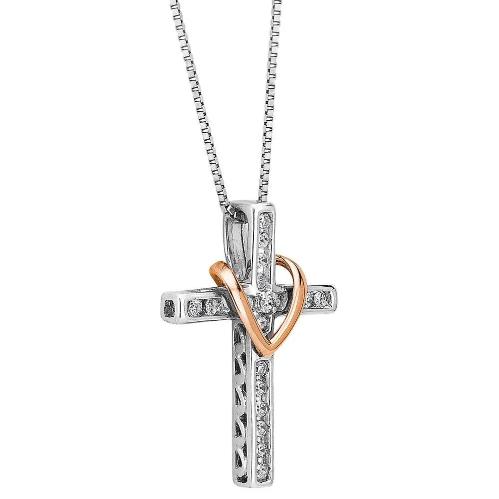1/7 CT. Tw. Diamond Cross Pendant Necklace .925 Sterling Silver & 14K Rose Gold White Size 18"