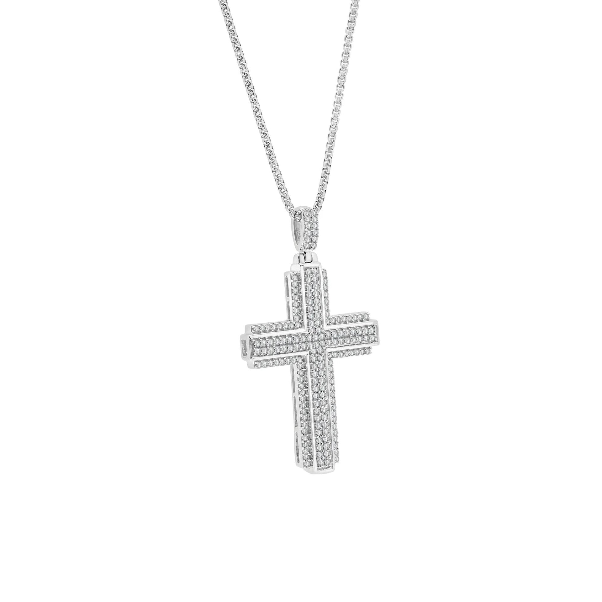 1 CT. Tw. Diamond Cross Pendant Necklace .925 Sterling Silver Gray Size 22"