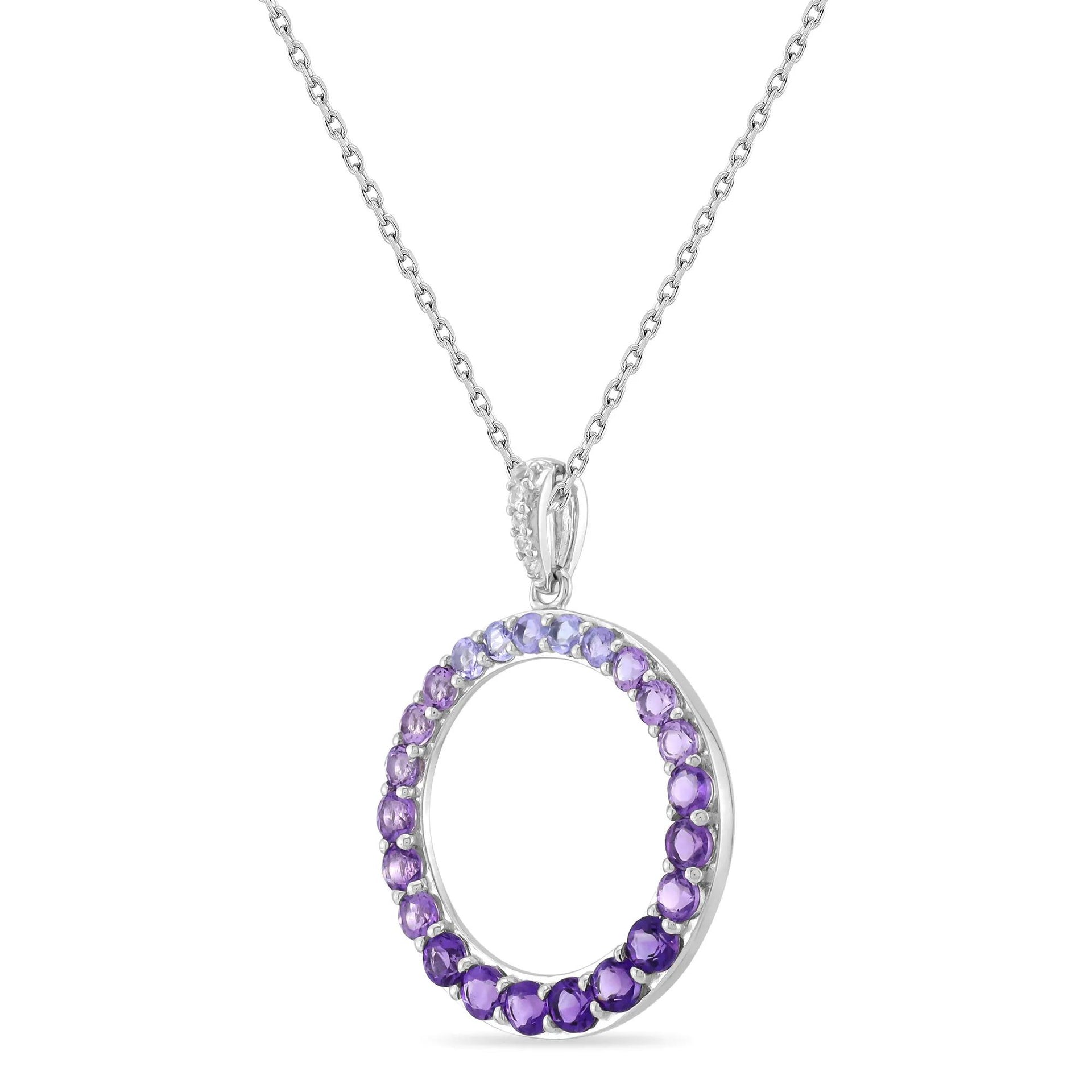 Amethyst and Blue Tanzanite Pendant Necklace with Lab-Created White Sapphire .925 Sterling Silver Size 18"