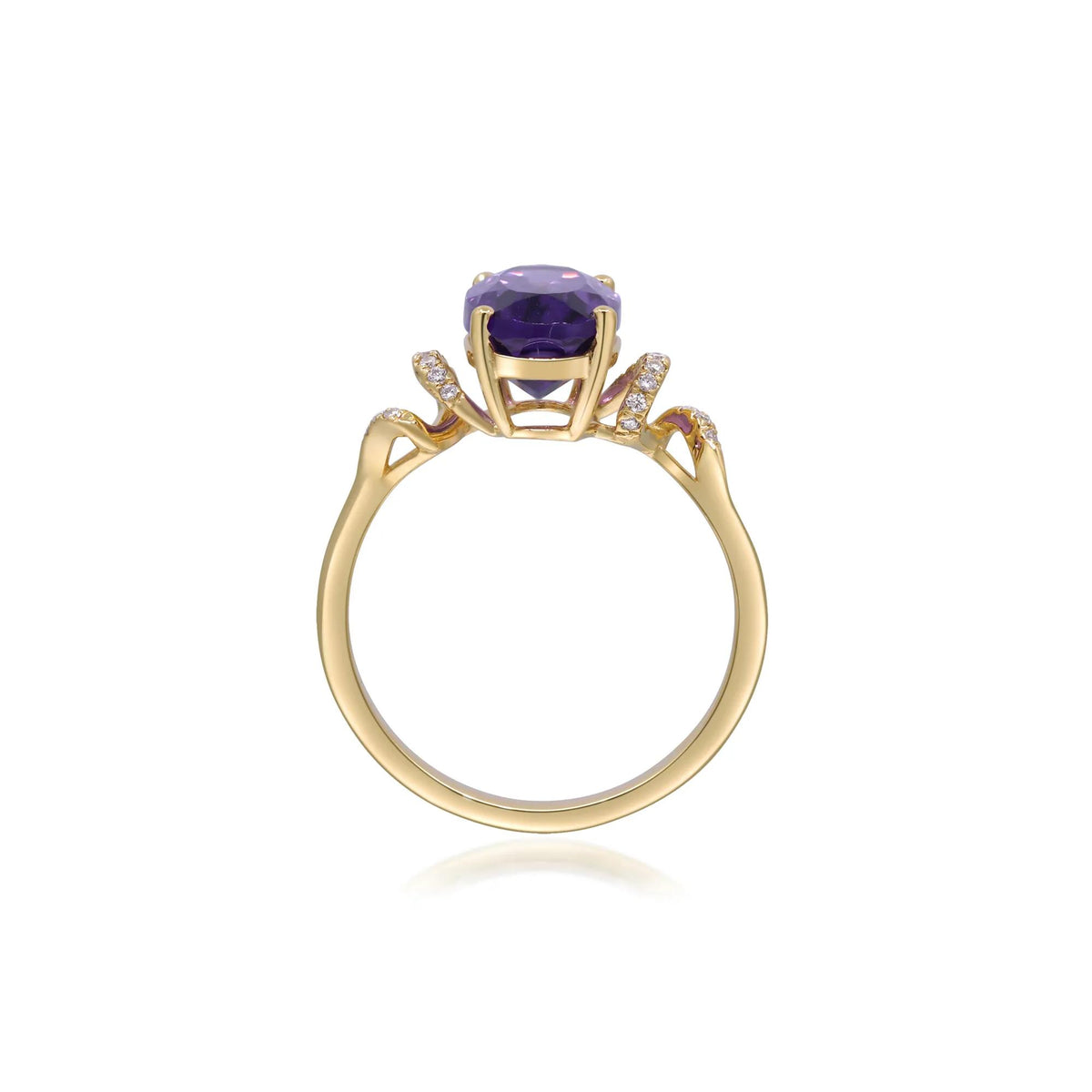 Amethyst and Diamond Accent Ring 10K Yellow Gold Round Brilliant Cut Size 8.5 2mm