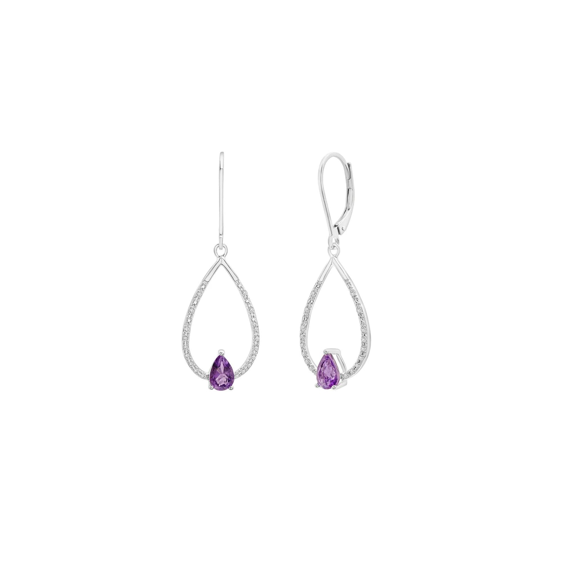 1/10 CT. Tw. Amethyst and Diamond Drop Earrings .925 Sterling Silver White Size 12.50mm
