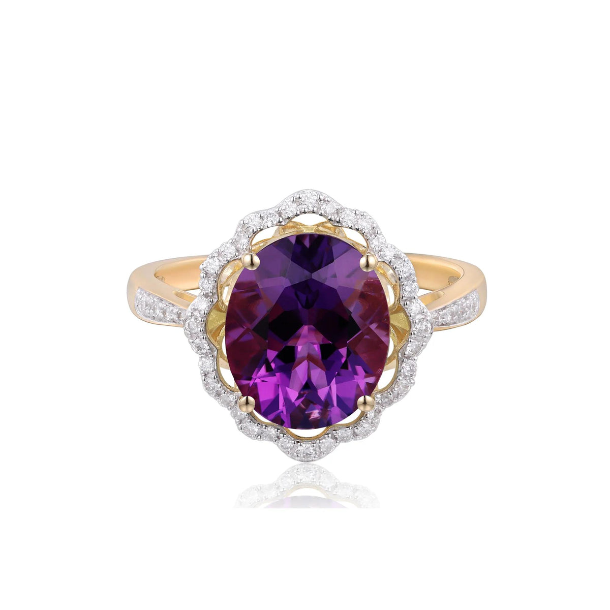 1/7 CT. Tw. Amethyst and Diamond Scalloped Halo Ring 10K Yellow Gold Round Brilliant Cut Size 8