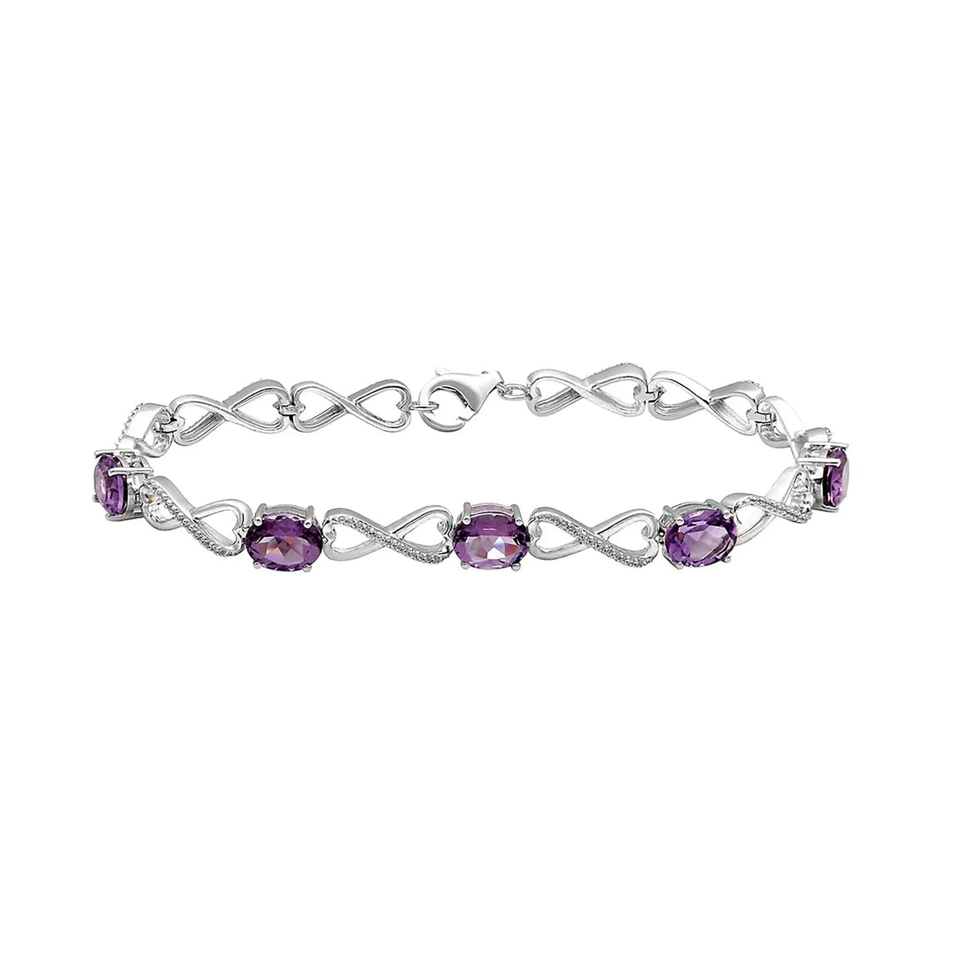 Amethyst & Lab Created White Sapphire Infinity Bracelet .925 Sterling Silver Size 7.5"