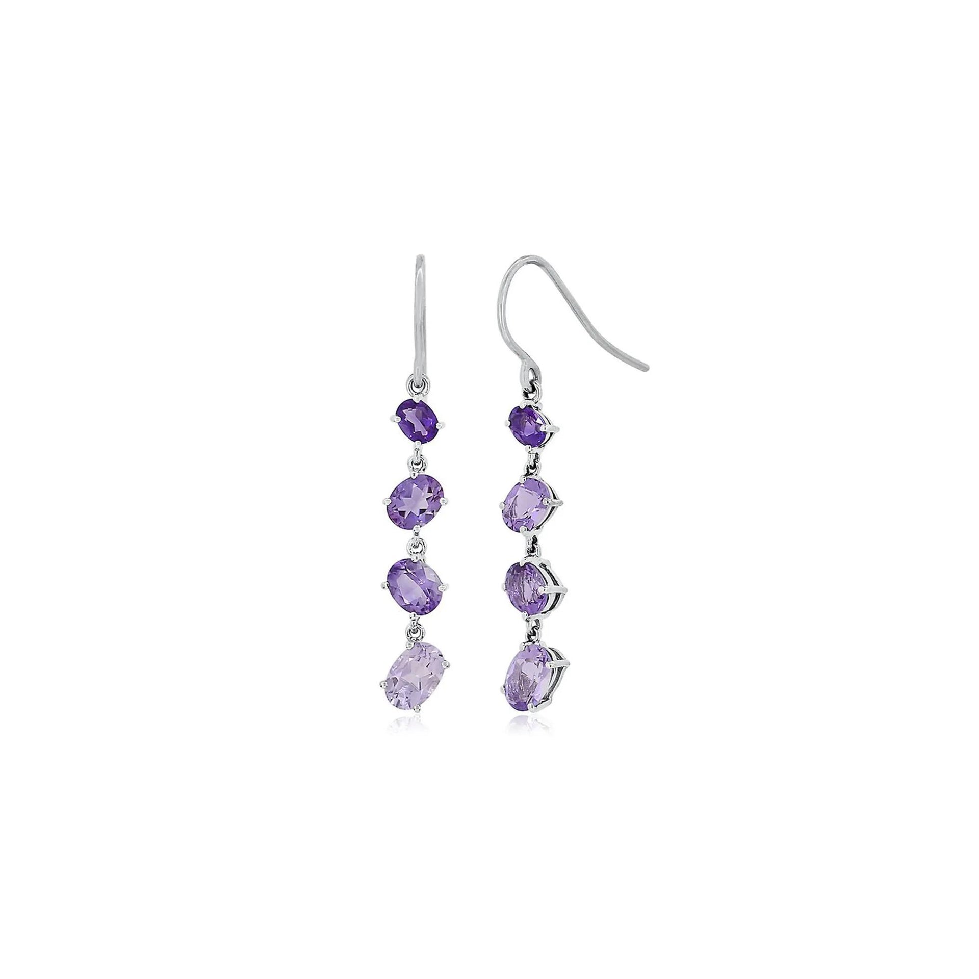 Amethyst & Rose De France Drop Earrings .925 Sterling Silver White