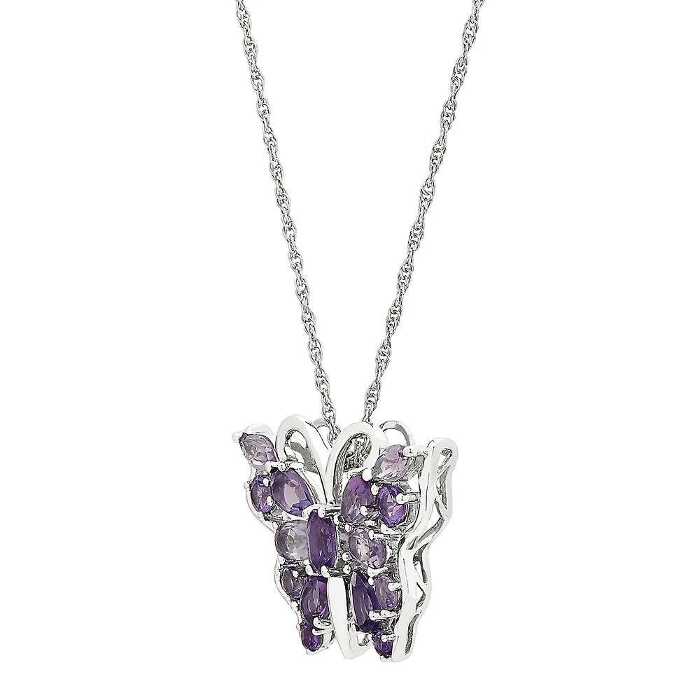 Amethyst Butterfly Pendant Necklace .925 Sterling Silver White Size 18"