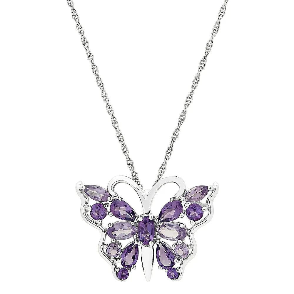 Amethyst Butterfly Pendant Necklace .925 Sterling Silver White Size 18"