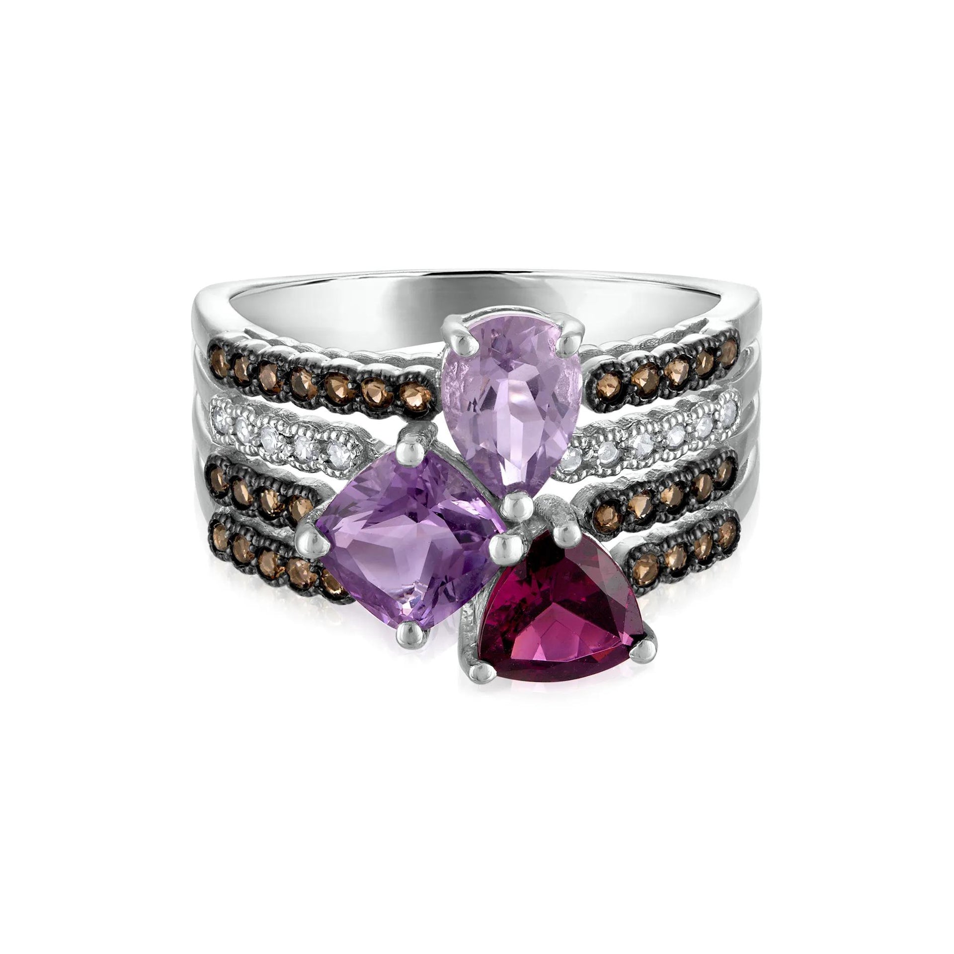 Amethyst Garnet Smoky Quartz and Diamond Multi-Row Ring 10K White Gold Size 7 3mm