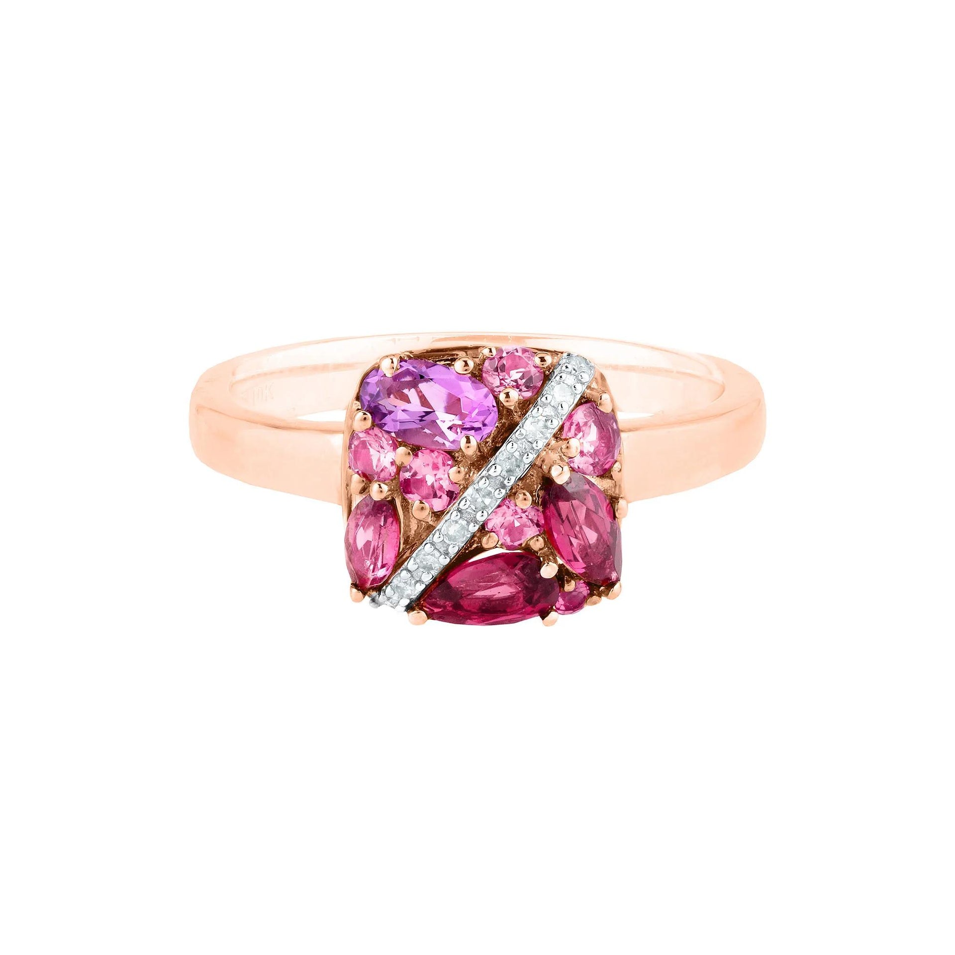 Amethyst Tourmaline Rhodolite and Diamond Accent Ring 10K Rose Gold Size 9.5 2.5mm