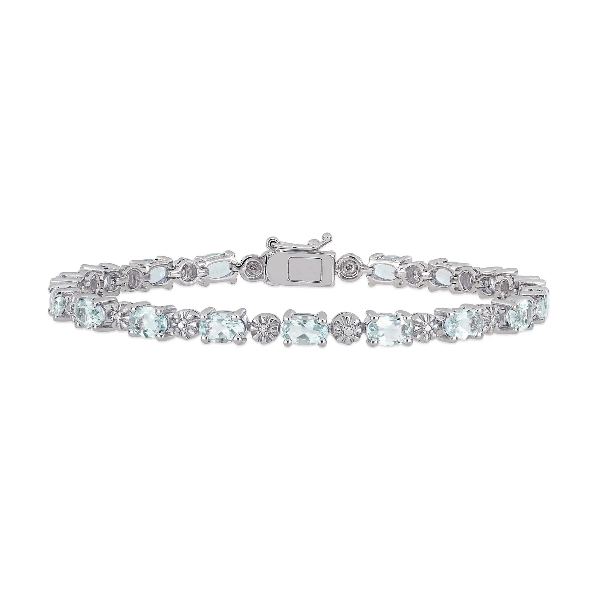 Aquamarine & Diamond Accent Bracelet .925 Sterling Silver White Size 4.60mm