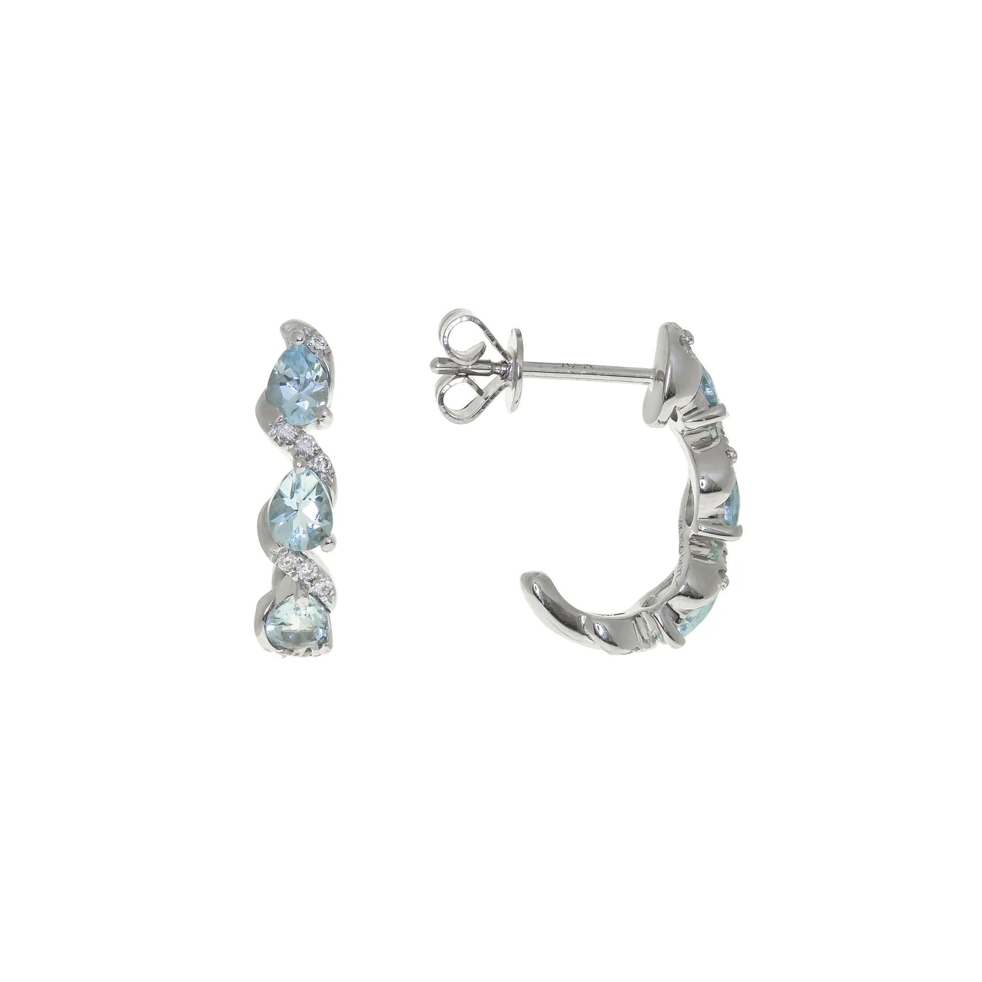 Aquamarine and Diamond Accent Half-Hoop Earrings 10K White Gold Size 3.00mm