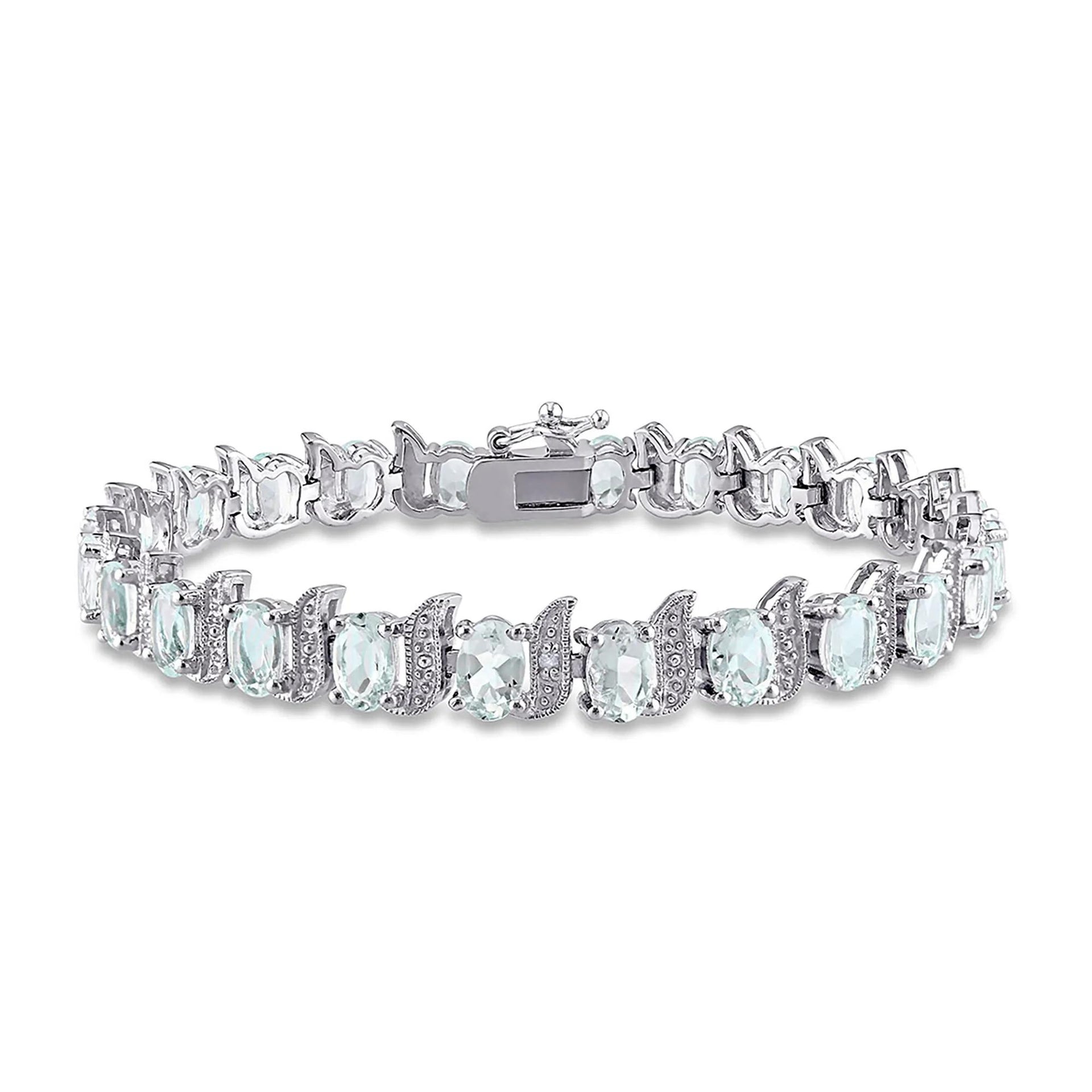 Aquamarine & Diamond Bracelet .925 Sterling Silver White Size 7.40mm