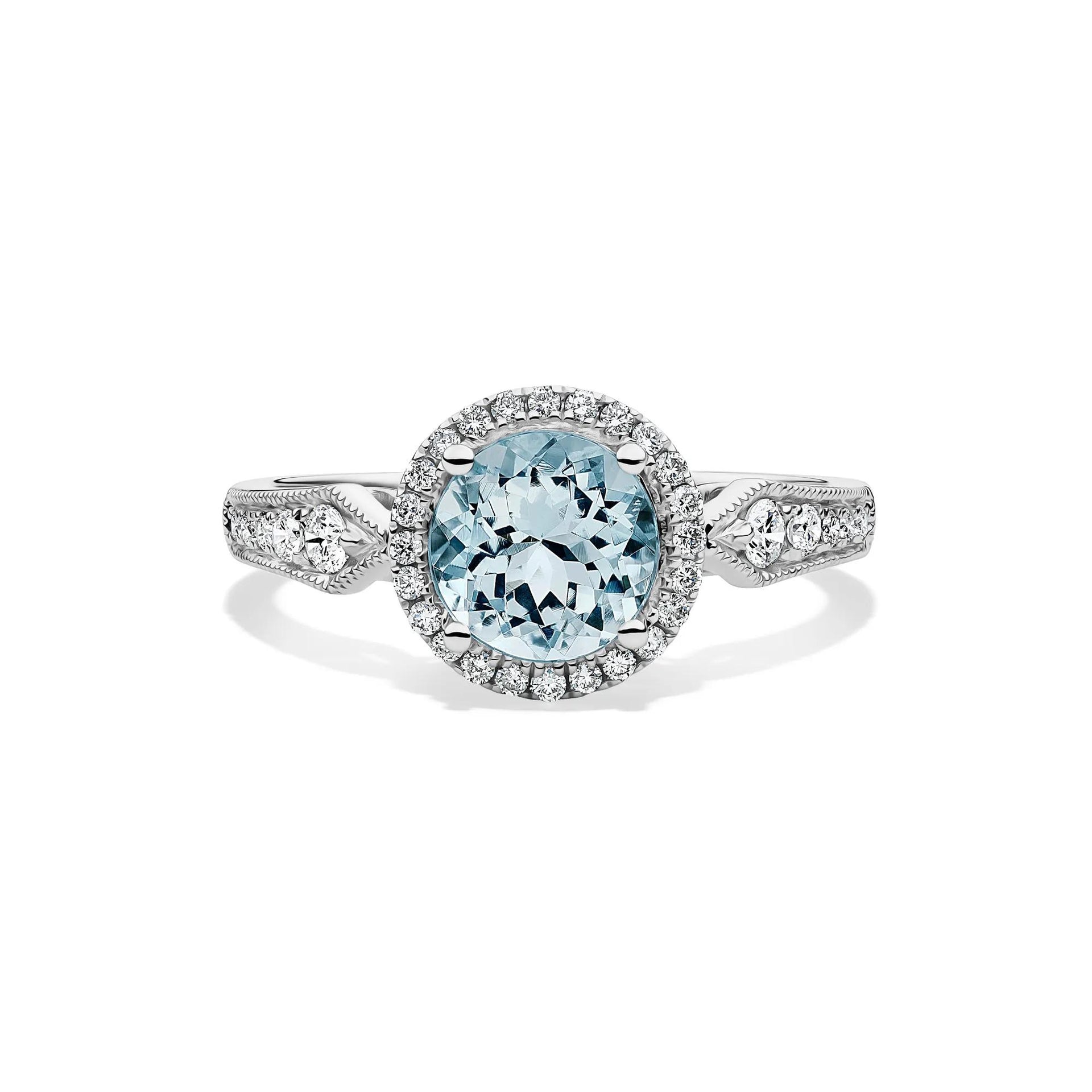 1/3 CT. Tw. Aquamarine and Diamond Ring 10K White Gold Round Brilliant Cut Size 7.5 2mm