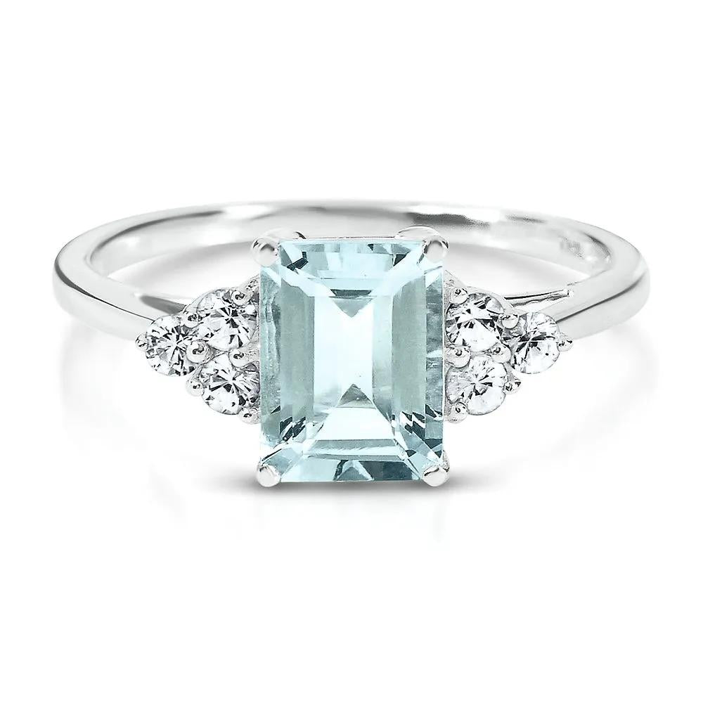 Aquamarine & Lab Created White Sapphire Ring 10K White Gold Size 6 1mm