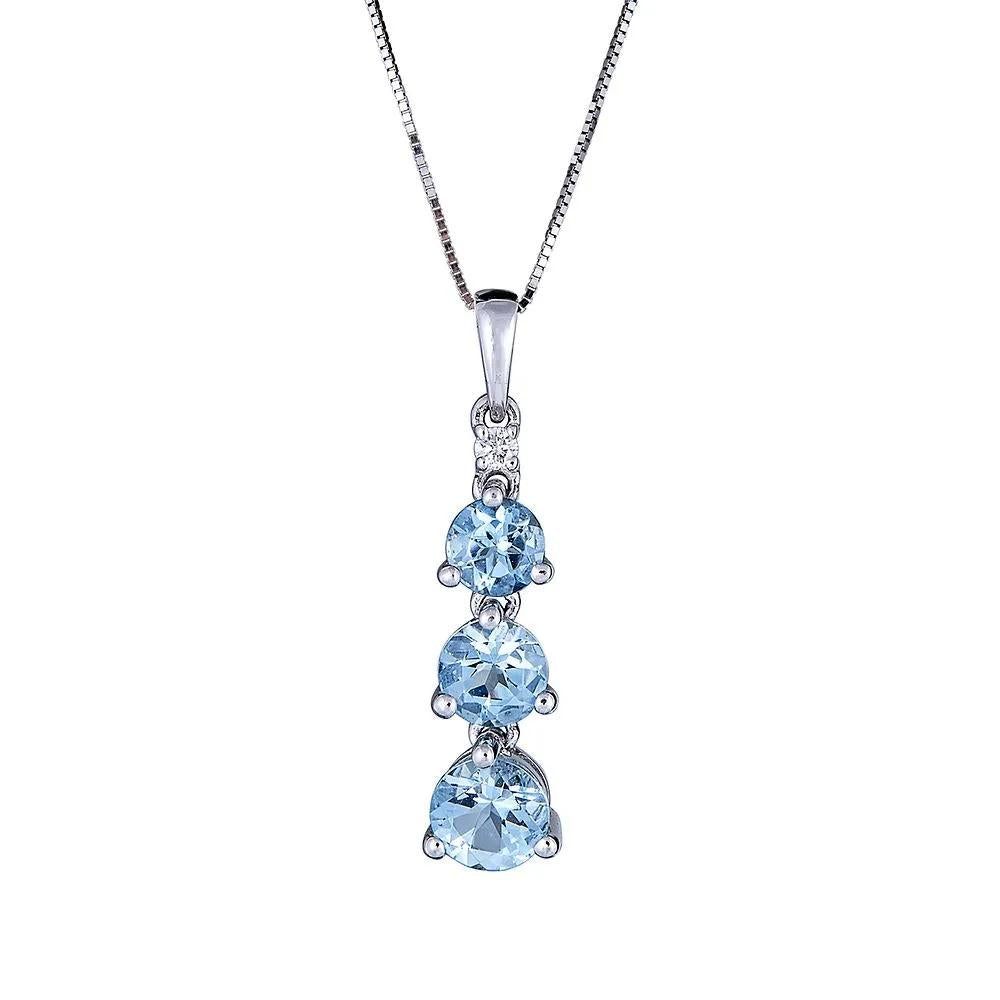 Aquamarine Pendant Necklace with Three-Stone Design 10K White Gold Size 18"