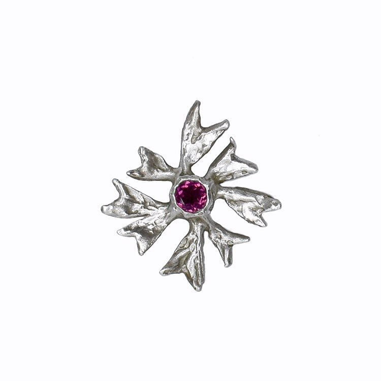 the maple flower earrings with rhodolite garnets