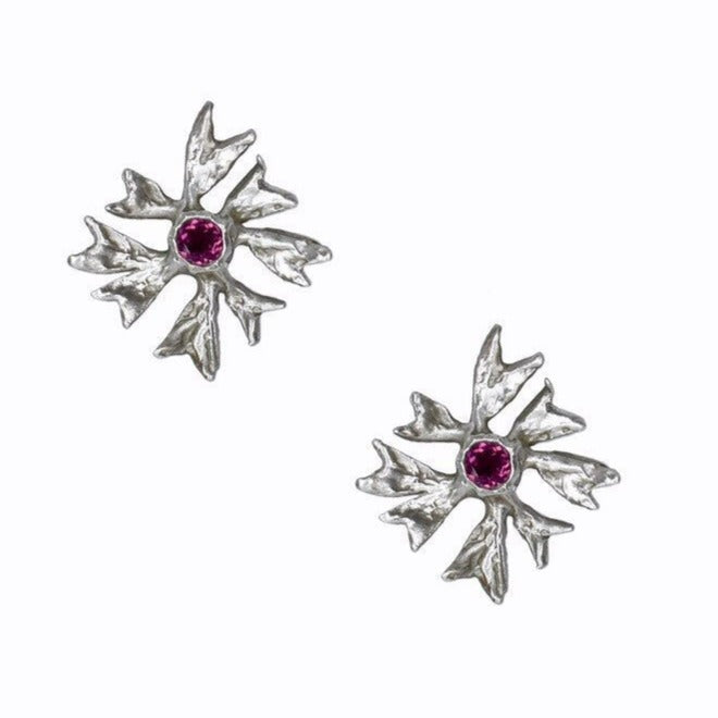 the maple flower earrings with rhodolite garnets
