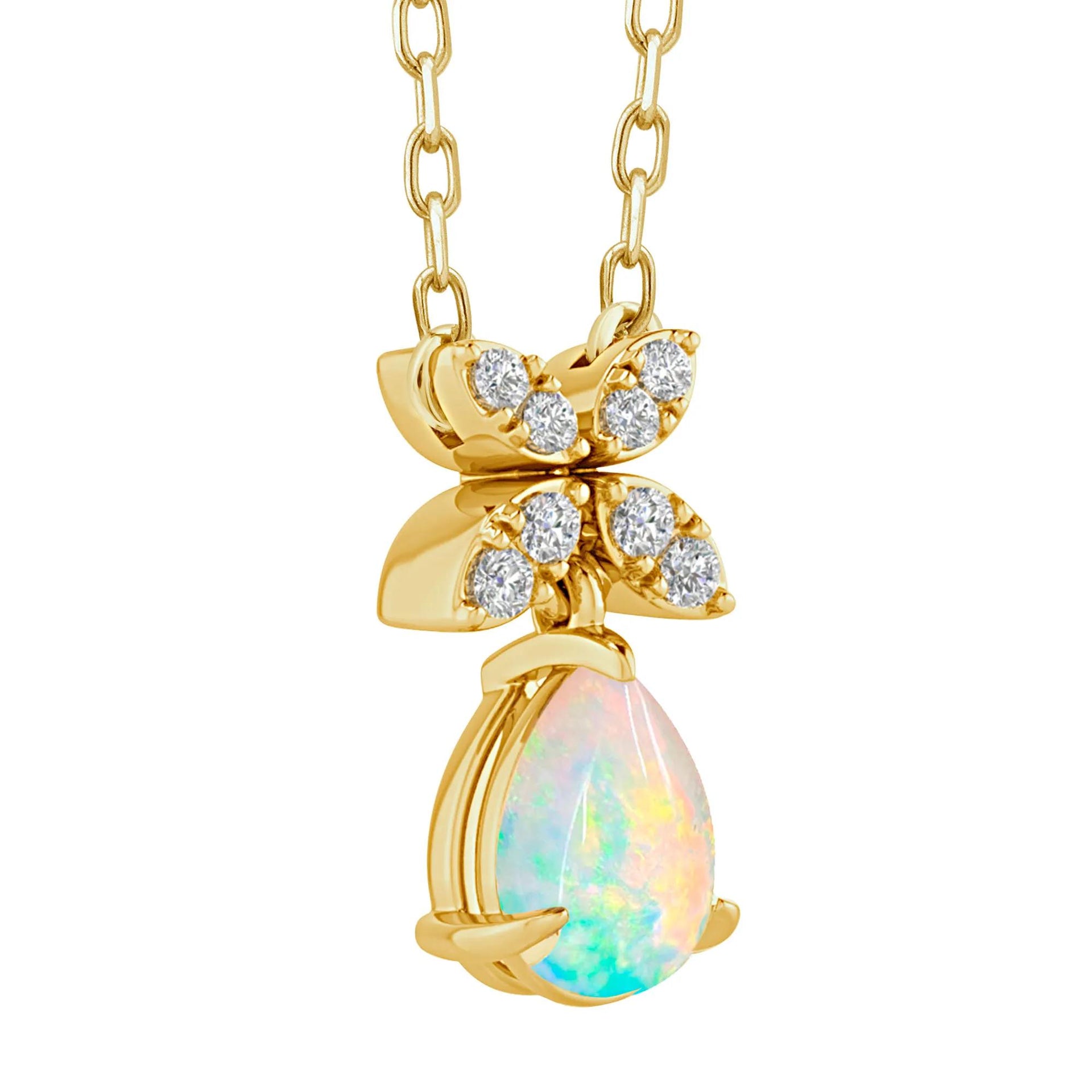 Australian Opal and Diamond Accent Drop Necklace 10K Yellow Gold Size 17.75"