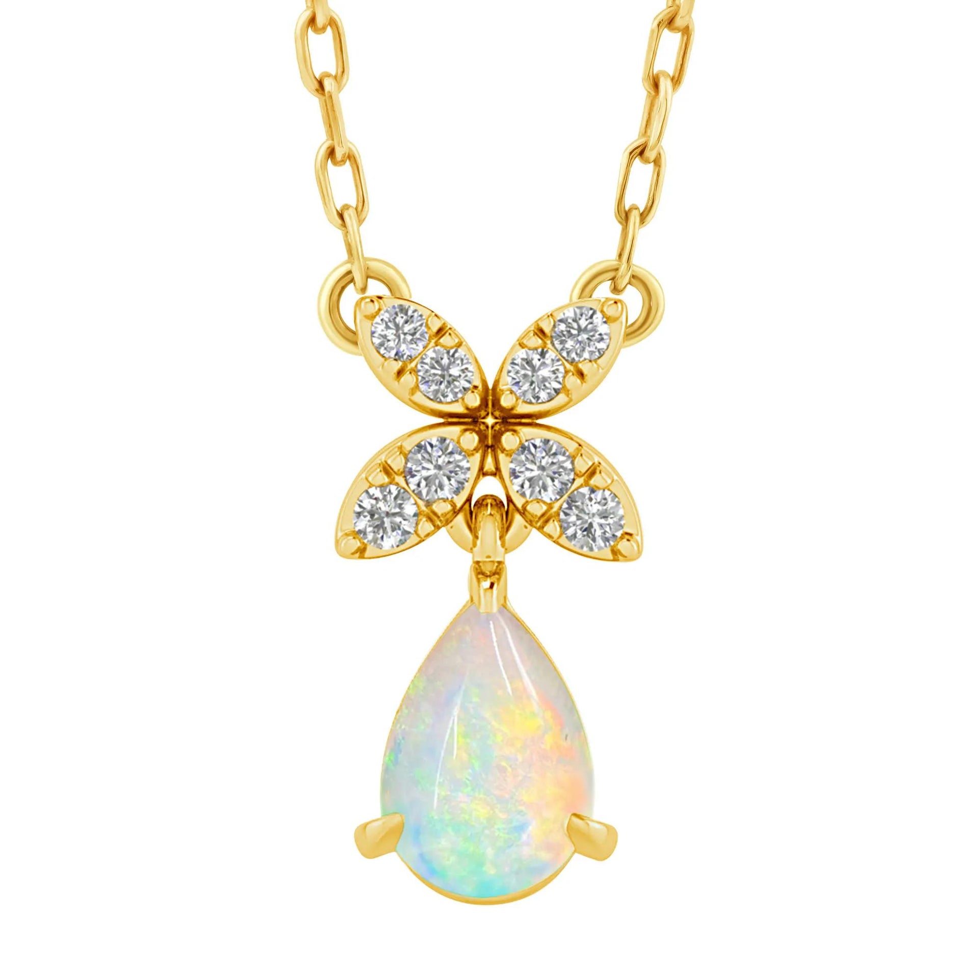 Australian Opal and Diamond Accent Drop Necklace 10K Yellow Gold Size 17.75"