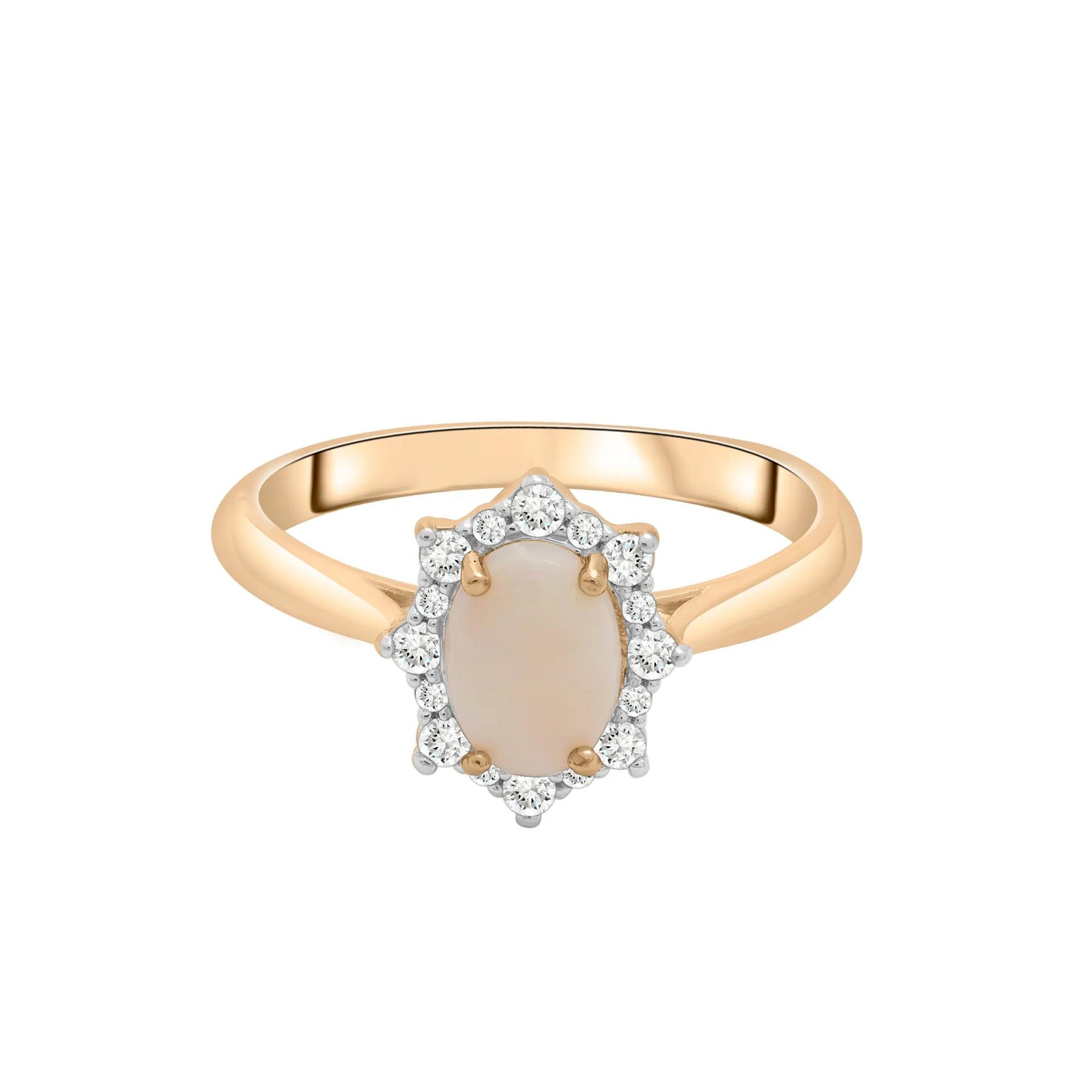Australian Opal Oval & Diamond Halo Ring 10K Yellow Gold Size 7.5 2mm