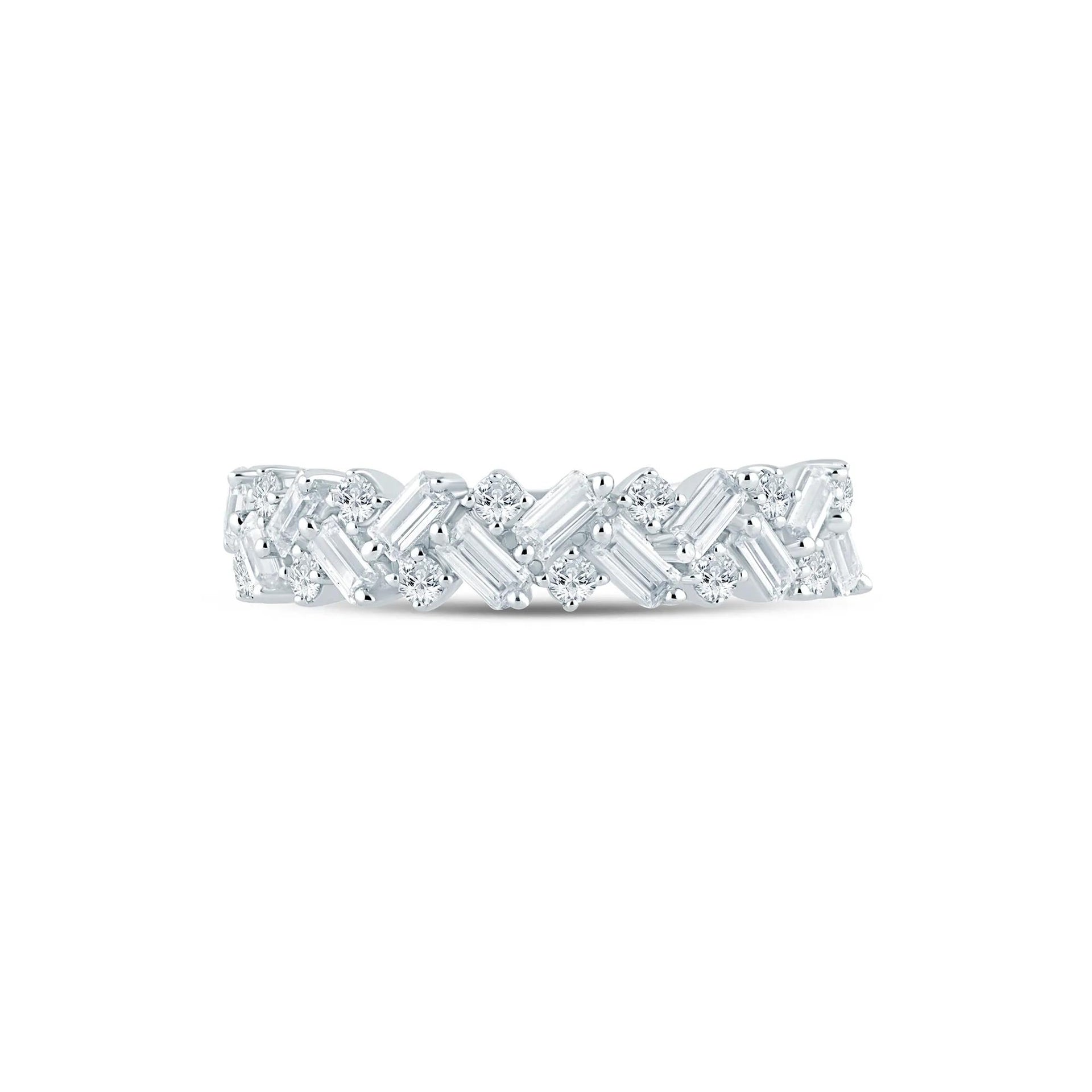 3/4 CT. Tw. Baguette and Round Diamond Band Ring 14K White Gold Round Brilliant Cut Size 9 2mm